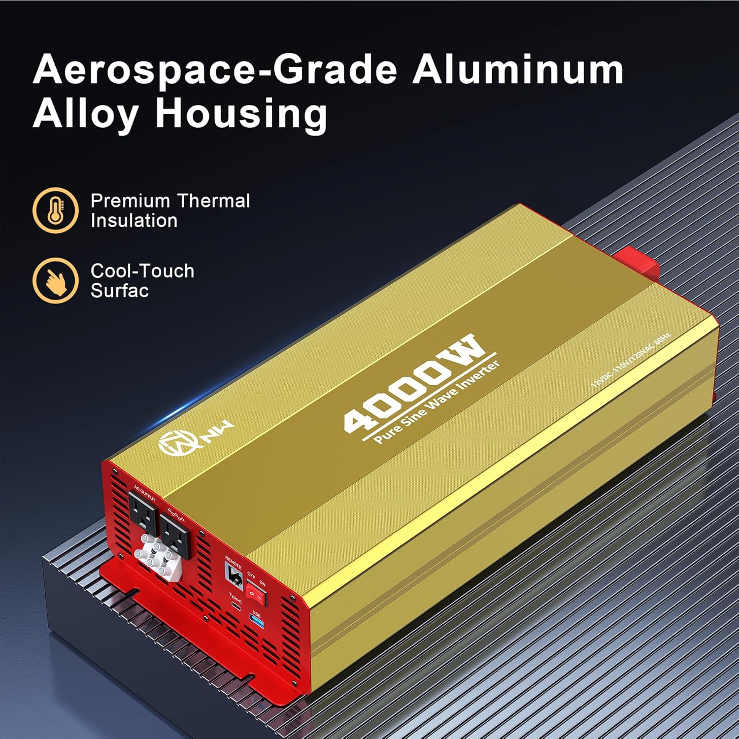 4000W Pure Sine Wave Inverter 12V DC to 120V AC Converter for Family Emergency Preparedness,Camping,RV,Solar DIY,Outdoors,Built-in 5V/2.1A USB-A,USB-C,Hardwire Port, Remote Controller