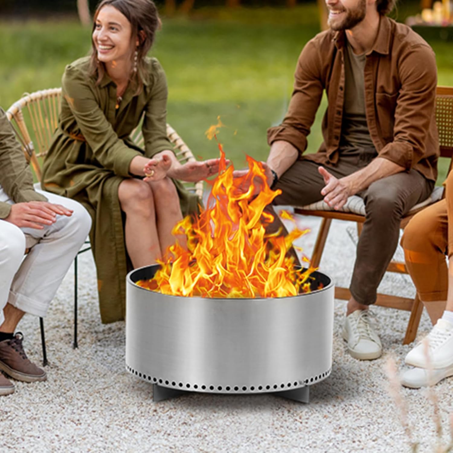 Portable Smokeless Firepit 27Inch Fire Pit for Wood Burning with Stand and Handle, Removable Ash Base, Stainless Steel, for Camping