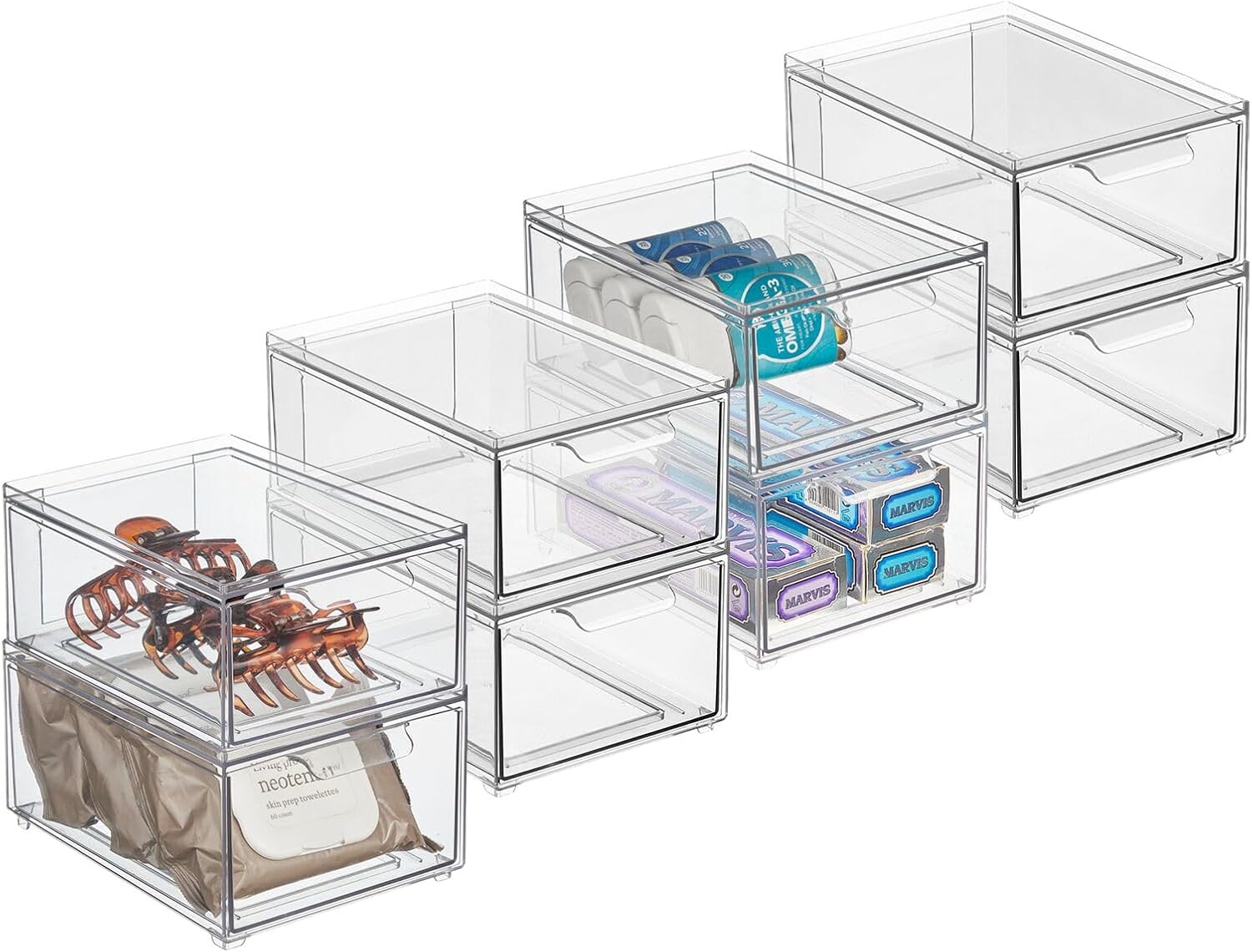 mDesign Plastic Bathroom Organizer Bin w/Pull Out Drawer - Slim Stackable Storage Container for Bathroom Accessories - Perfect for Organizing Bathroom Cabinet - Lumiere Collection - 8 Pack - Clear