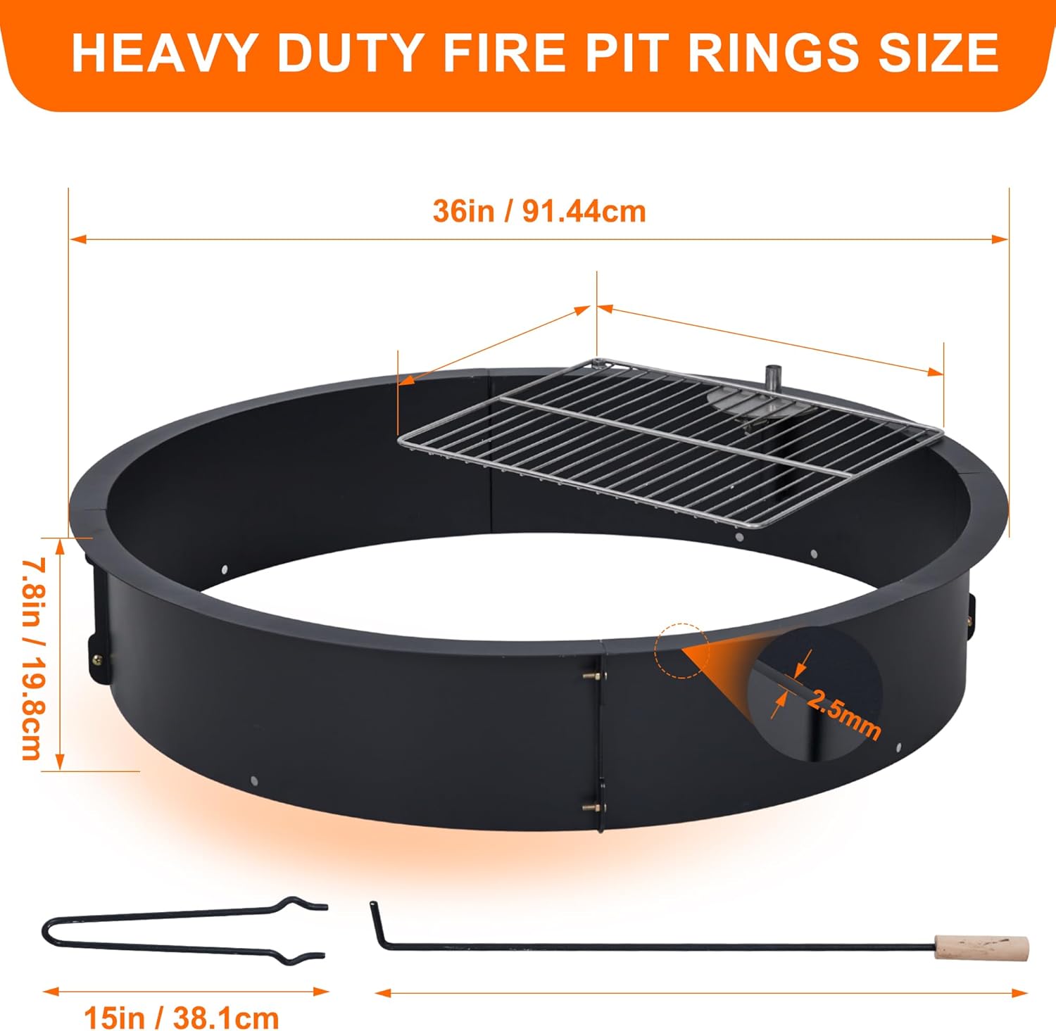 36 inch Inner Fire Pit Ring, Outdoor 2.5MM Steel Firepit Ring Large Bonfire Fire Pit Insert Round, Above In-Ground Fire Pit, Outside Wood Burning DIY for Camping Garden Patio