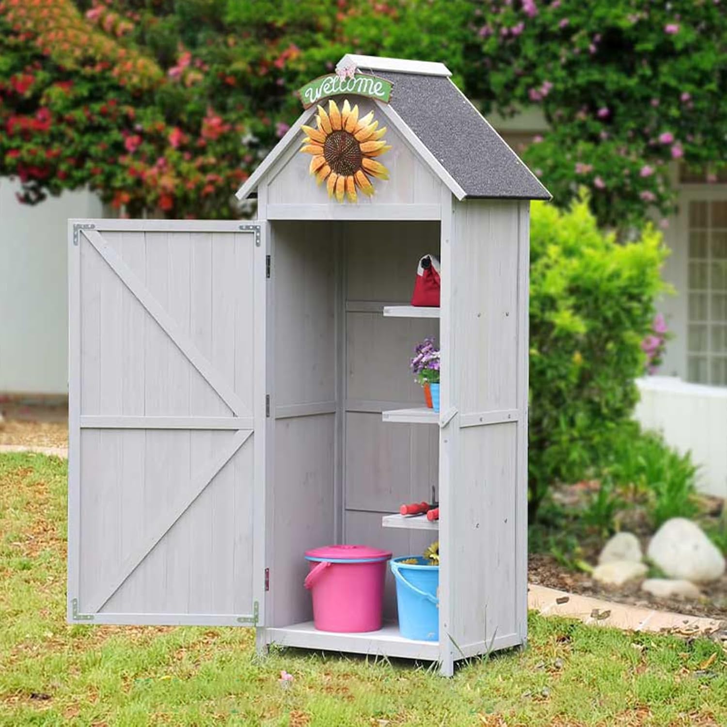 Outdoor Lawn Garden Storage Shed, Wooden Garden Shed with Waterproof Roof, Patio Storage Cabinet Outdoor Organizer Wooden Lockers (Gray 30.3 * 21.4 * 70.4in)