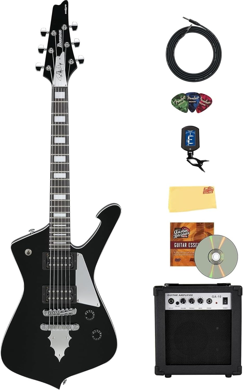 Ibanez PSM10 Paul Stanley miKro Short Scale Electric Guitar - Black Bundle with Amplifier, Tuner, Cable, Picks, Austin Bazaar Instructional Video, and Polishing Cloth