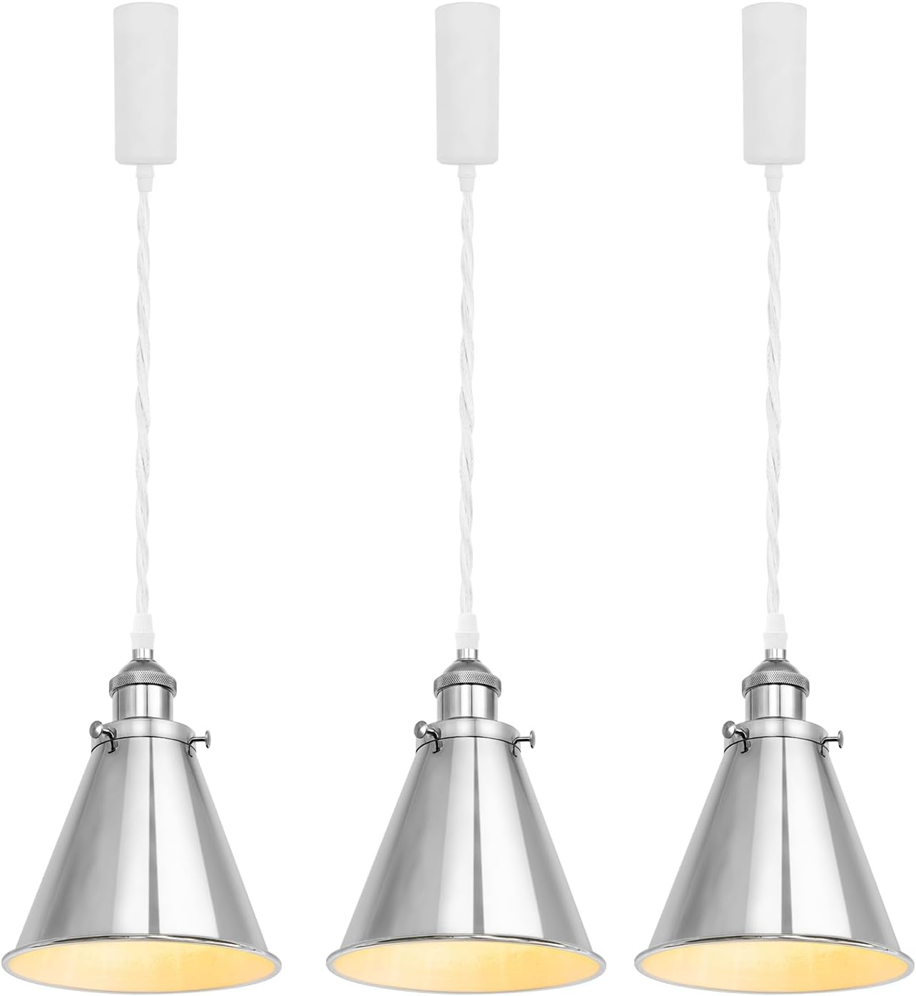 3Pcs Adjusted Corded H-Type Cone Shade Silver Track Light 3.2 Feet E26 Base Vintage Design for Kitchen Sink Living Room Loft(No Bulb,Track)