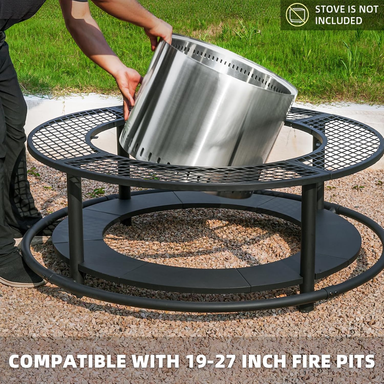 50 Inch Fire Pit Surround Tabletop for Smokeless Fire Pit, Outdoor Surround Table with 2 Grill Grates and Firewood Storage Shelf, Protective Barrier for Safety & Extra Space (Stove not Included)