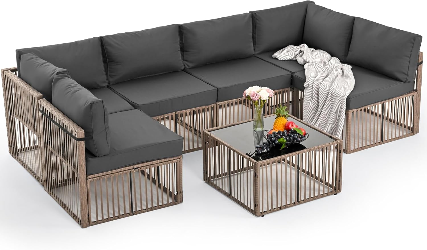 Pamapic 7 Piece Outdoor Sectional Sofa Set, All-Weather Patio Furniture with Washable Cushions, Waterproof Brown Rattan Wicker Conversation Set for Backyard, Poolside, Gray Cushion