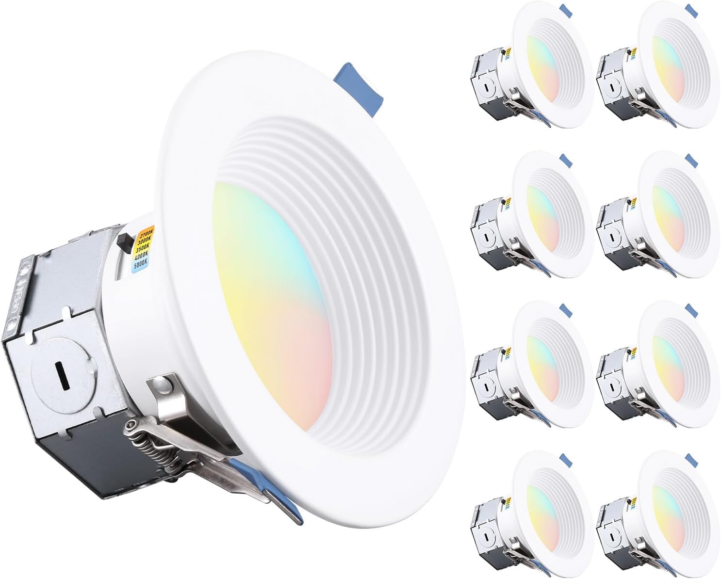 TORCHSTAR 8-Pack 5CCT 4 Inch LED Integrated Canless LED Recessed Lighting with J-Box, Anti-Glare Deep Baffle, CRI90 Dimmable Ceiling Downlight, ETL Air Tight IC Rated, 2700K3000K3500K4000K5000K