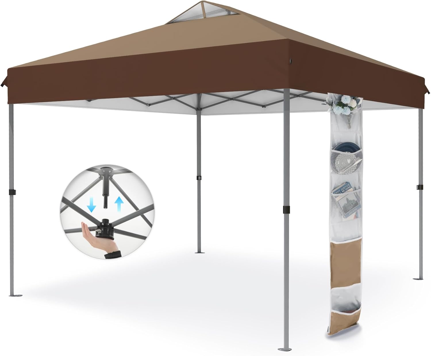 PHI VILLA 10x10ft 1-Person Setup Pop Up Canopy Tent Instant Portable Shelter w/ 1-Button Push, Case, 4 Weight Bags - Dark & Light Brown