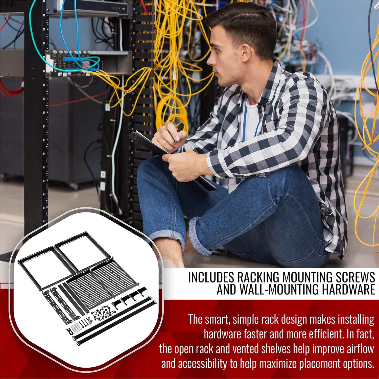 10U Server Rack Heavy Duty Open Frame Network Rack Mount 19 Inch - Wall Mount or Floor Standing IT Equipment Cabinet - 400lbs Capacity Networking Data Center Rack with 2 Vented Shelves - Vivlly