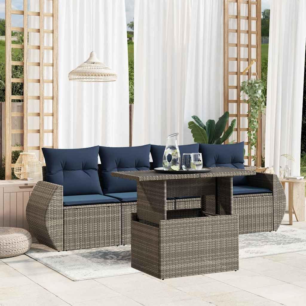 5 Piece Garden Sofa Set, Grey Poly Rattan Outdoor Furniture with Navy Cushions, Adjustable Table, UV-Resistant Patio Dining, Balcony, Terrace