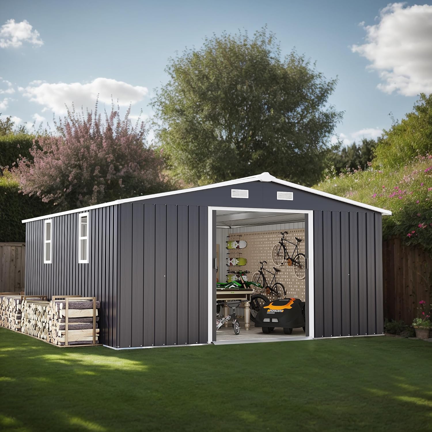 10x12 ft Outdoor Metal Storage Shed, Lockable Steel Garden Tool Shed with Two Daylight Window, Sliding Door and Four Air Vent, Waterproof Garden Storage House for Backyard, Patio (Dark Grey)