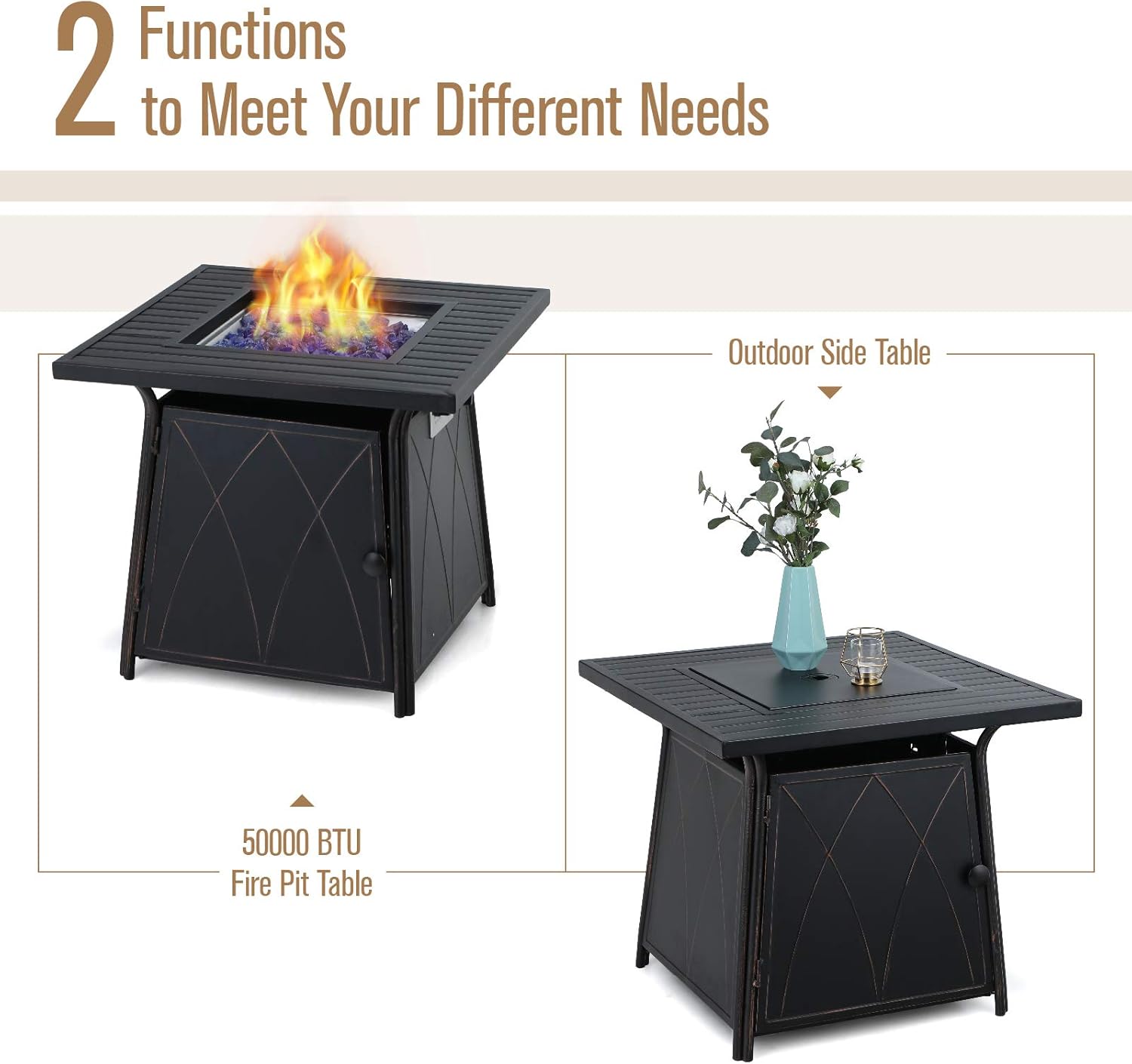 MFSTUDIO 28 Inch Propane Gas Fire Pit Table & 4 Wicker Chairs Furniture Set with Blue Fire Glass, Multi-Function Outdoor Fire Table Set, 50,000 BTU, CSA Certification