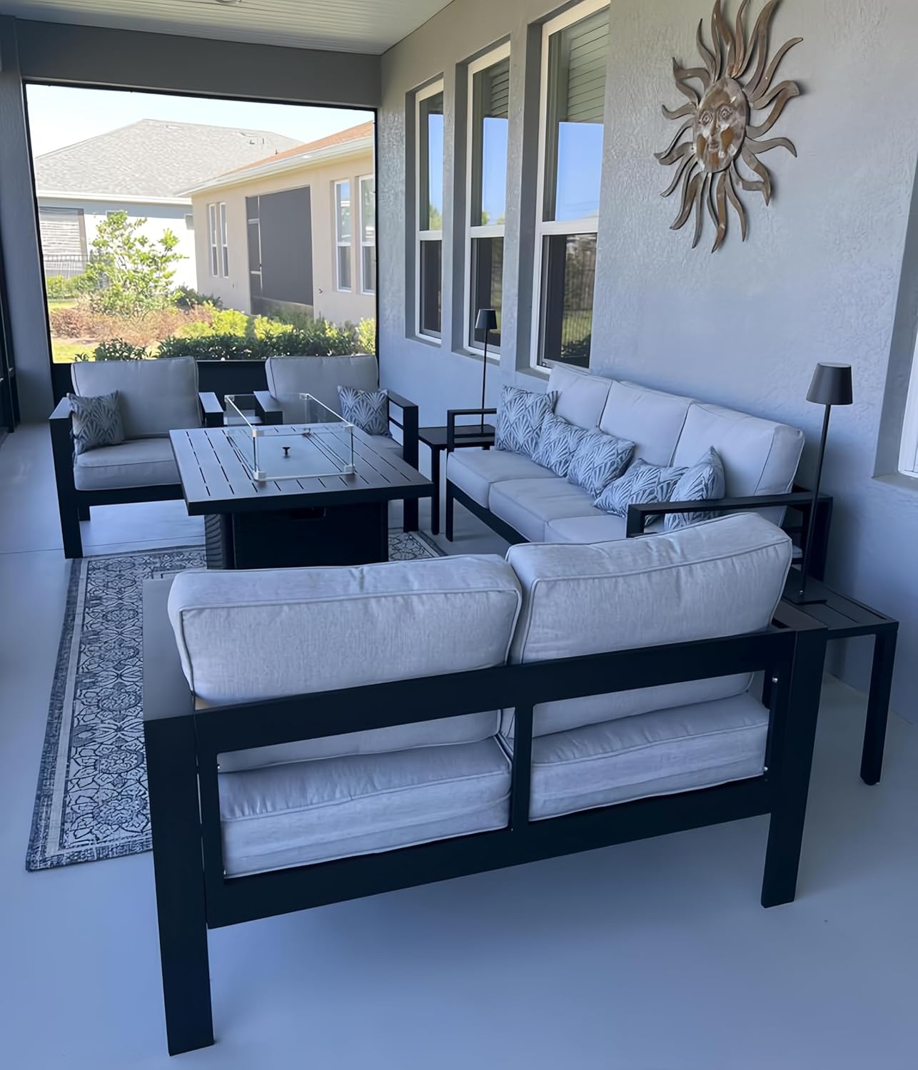 LayinSun Aluminum Furniture Set with Fire Pit Table, 5 Pieces Patio Sectional Conversation Chat Sofa Modern Seating Set