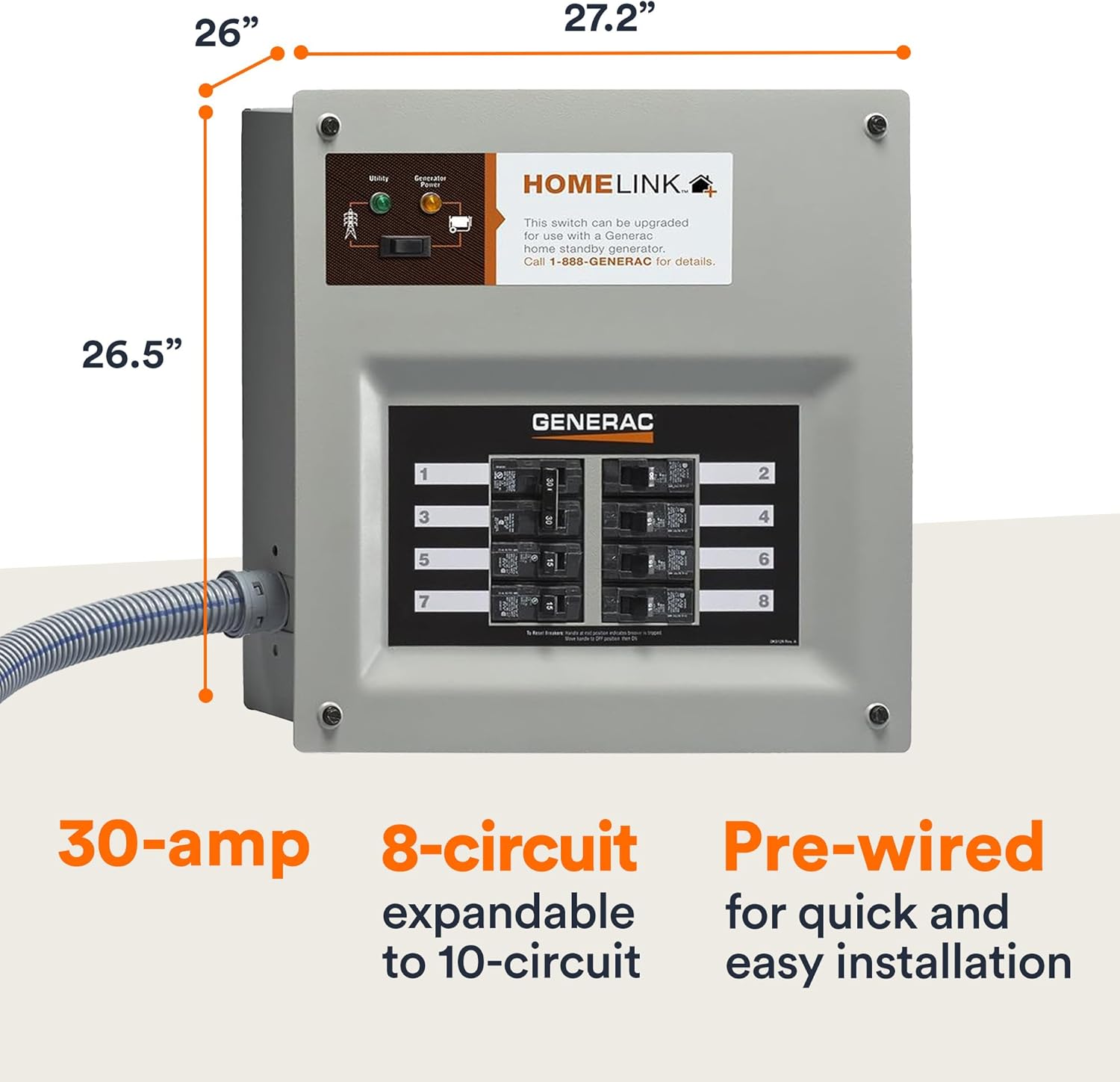 Generac 6853 HomeLink Upgradeable 30 Amp Transfer Switch Kit - Reliable Power Solution for Homes - 10' Cord and Resin Power Inlet Box