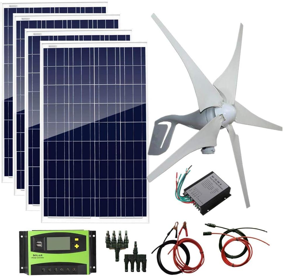 800W 12V 24V Solar Panel Wind Turbine Kit: 400W Wind Turbine Generator + 4 pcs 100W Poly Solar Panel+ Accessories Home Cabin RV Off Grid System