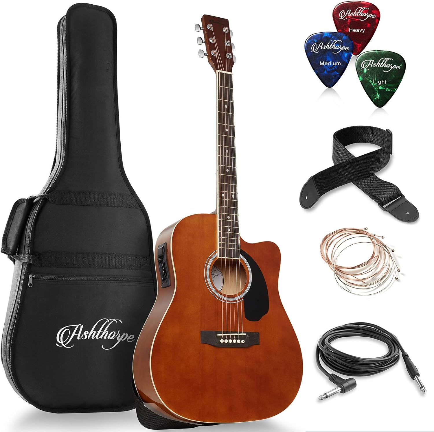 Ashthorpe Full-Size Dreadnought Cutaway Acoustic-Electric Guitar Bundle - Premium Tonewoods - Brown