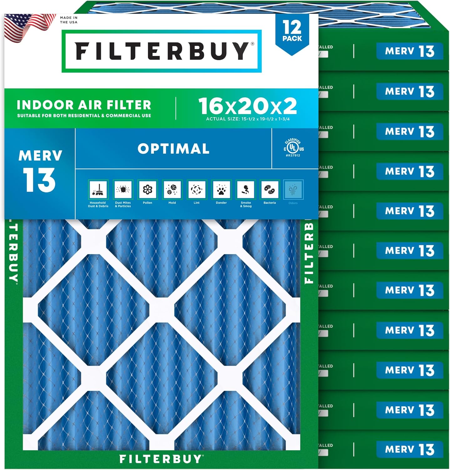 Filterbuy 16x20x2 Air Filter MERV 13 Optimal Smoke & Allergy Defense (12-Pack), Electrostatic Pleated HVAC AC Furnace Filters Replacement, Made in USA (Actual Size: 15.50 x 19.50 x 1.75)