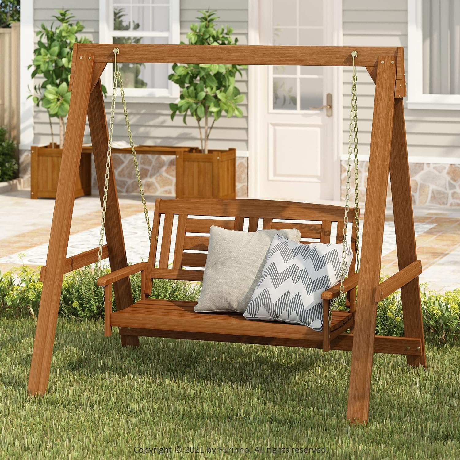 Furinno Tioman Hardwood Patio / Garden / Outdoor 4ft Porch Swing, 2 Seater with Stand, Natural