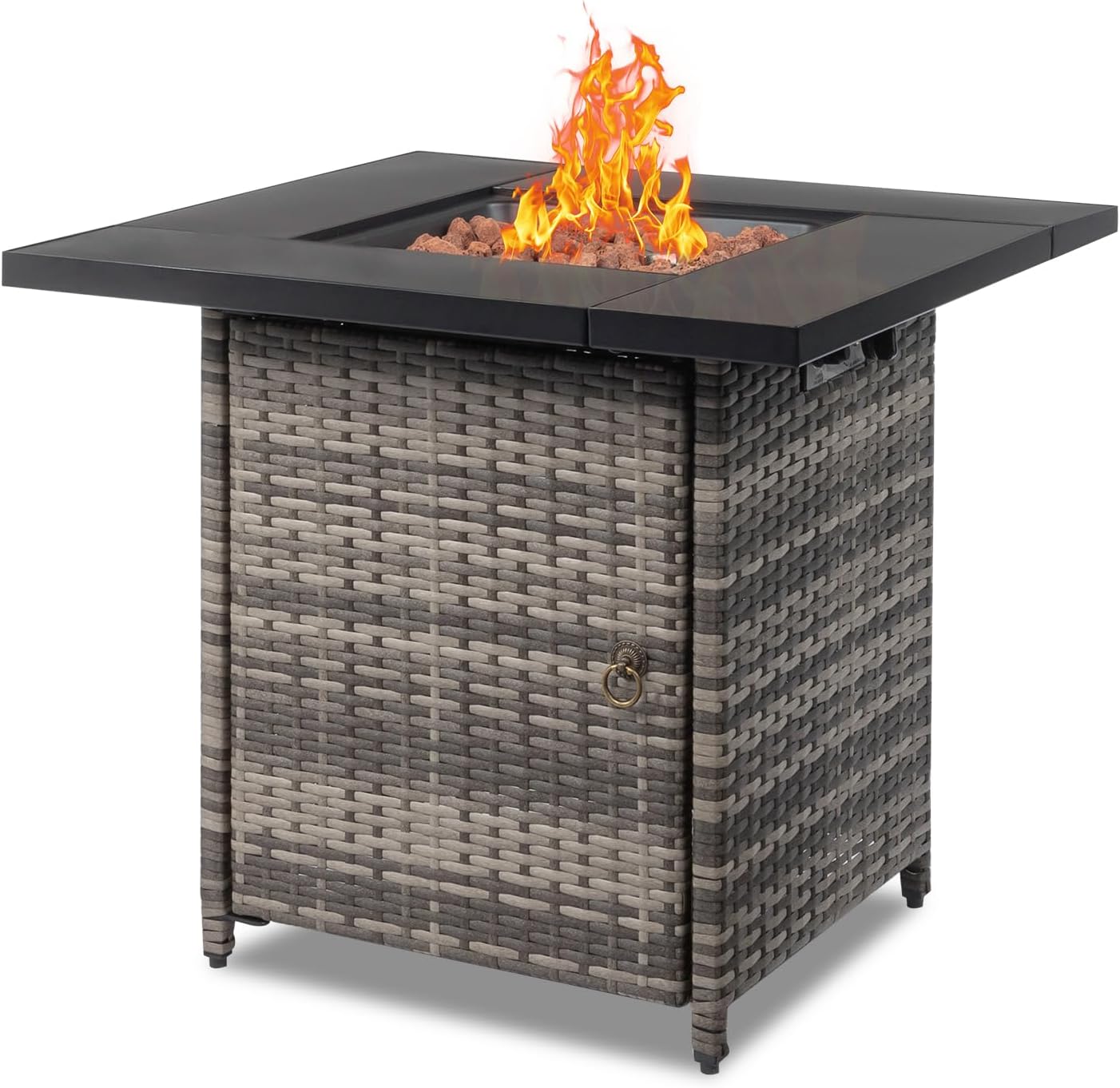 28 inch Wicker Propane Fire Pit Table, CSA-Certified, Outdoor Patio Fire Pit Table 50,000 BTU Gas Firepits with Lid and Lava Rocks for Deck Garden Backyard (28 inch)