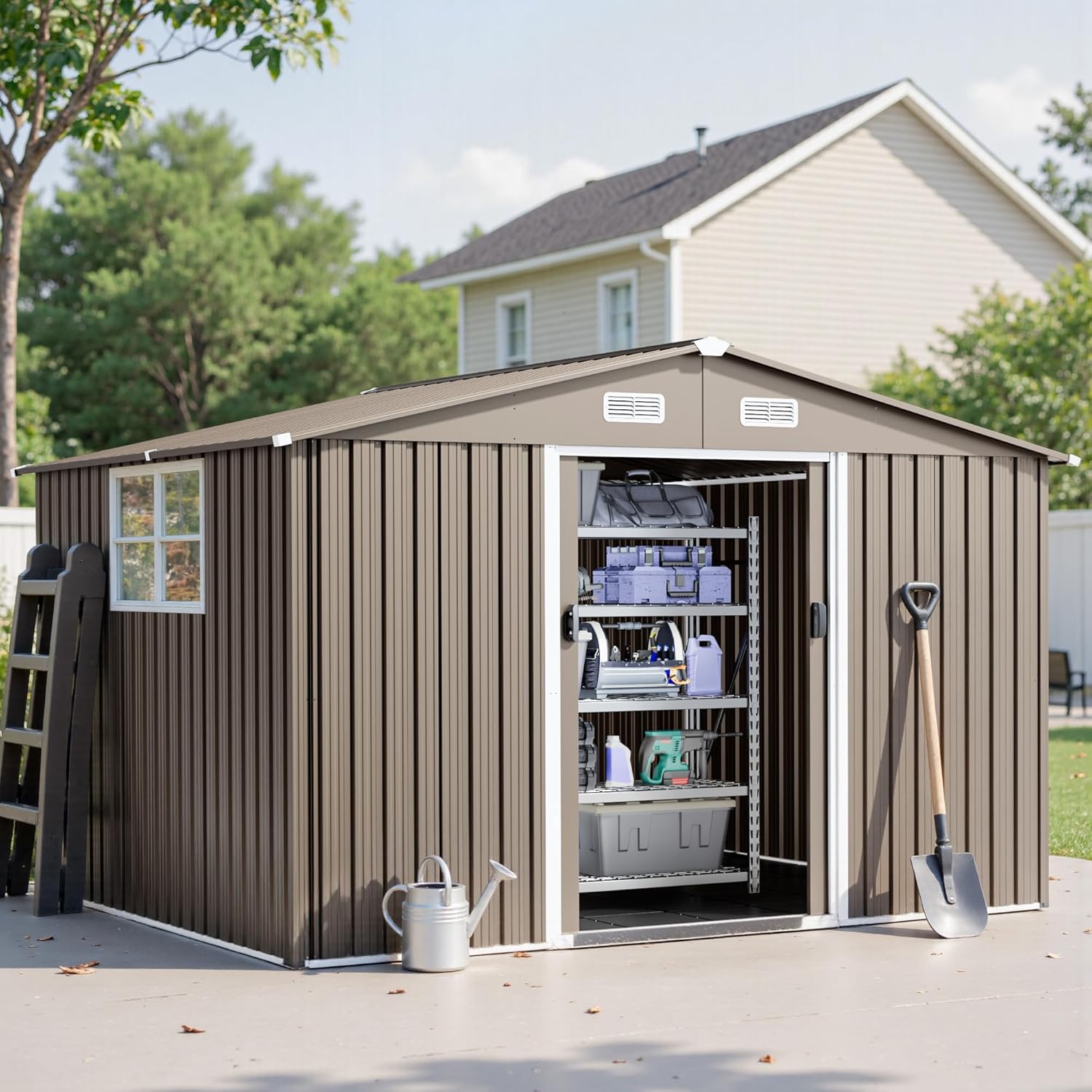 10 x 8 FT Outdoor Storage Shed with Frame Floor, Waterproof Lockable Door Metal Tool Shed with Sliding Door and Ventilation, Gardening Tool Storage Room, Metal Storage Shed for Gardens & Lawns