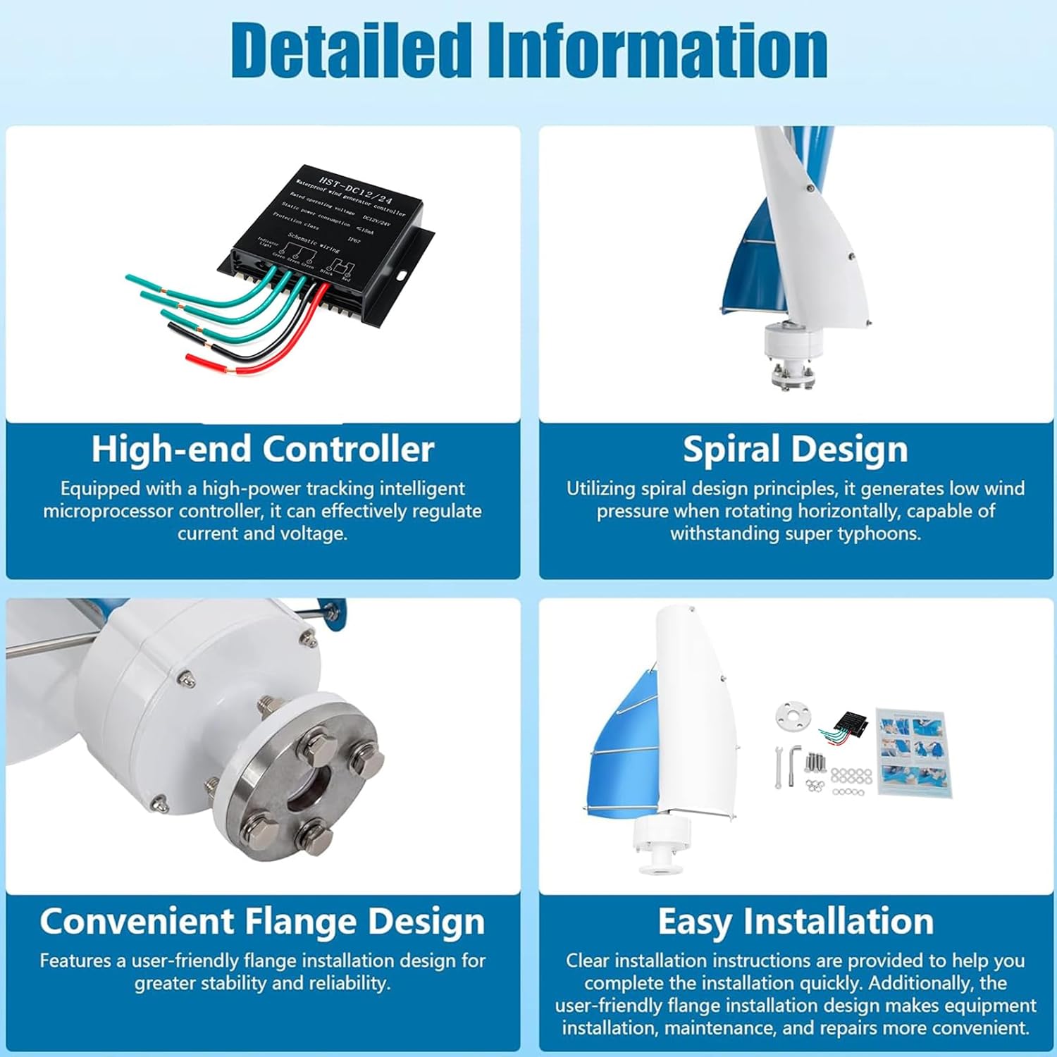 4000W Vertical Axis Wind Turbine, 220V 48V 24V 12V Wind Turbine, 2-Piece Aluminum Alloy Outdoor Emergency Generator with Controller Suitable for Outdoor Courtyard Lighting