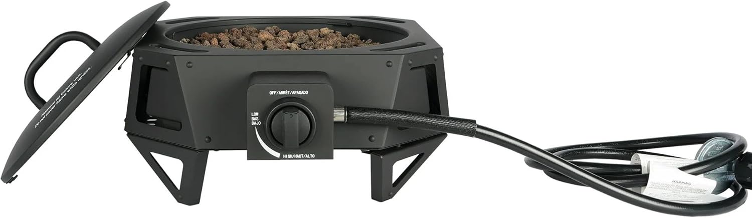 Portable Propane Gas Fire Pit with Locking Lid – 54,000 BTU Outdoor Steel Fire Bowl with Lava Rocks, Hose & Regulator, 15-Inch, Square Camping Gas Heater
