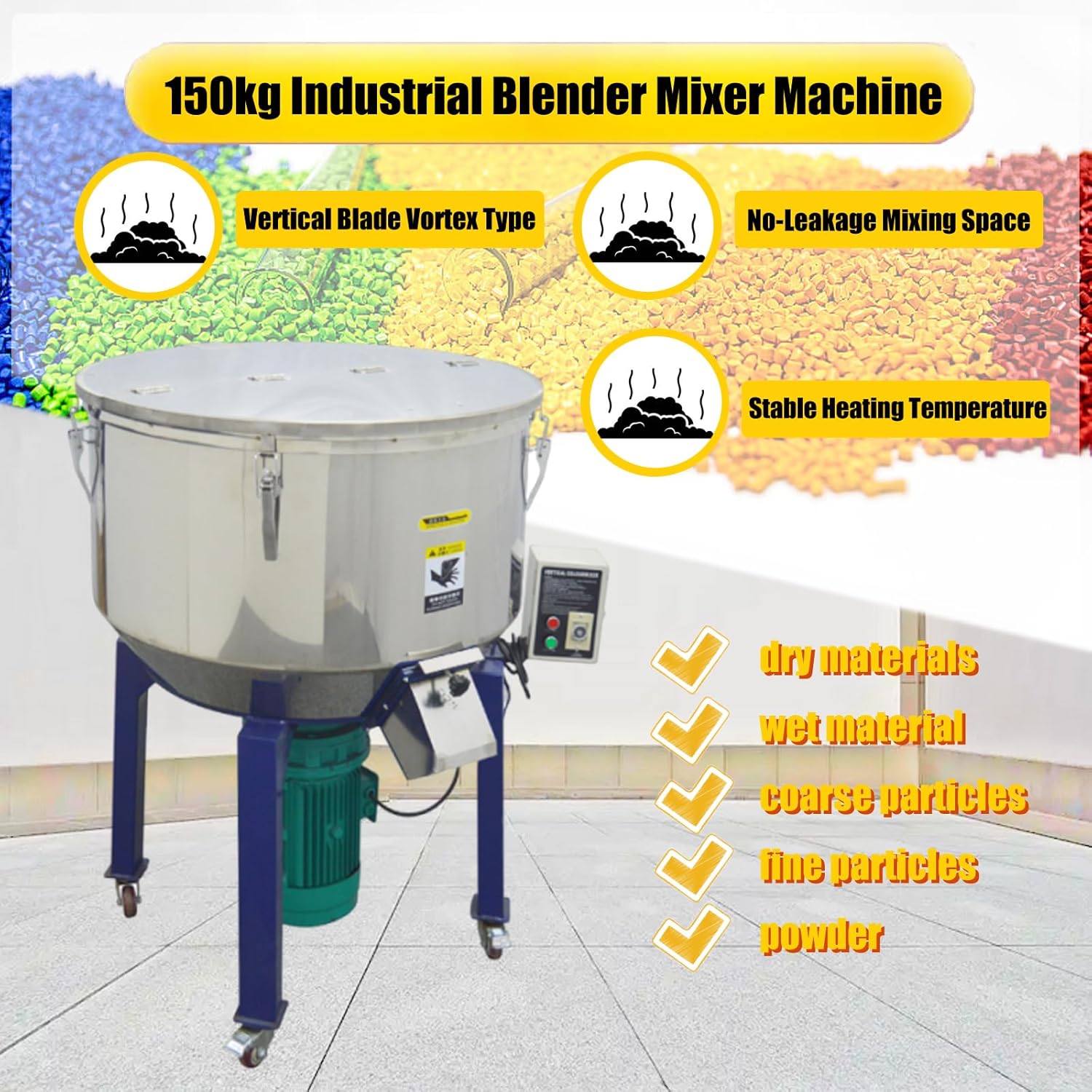 Industrial Blender Mixer Vertical Color Mixer 150kg Tank Material Mixing Machine Vertical Blade Vortex Type Blender 5.3HP Stainless Steel Blending Mixing Machine, AC220V Triphase