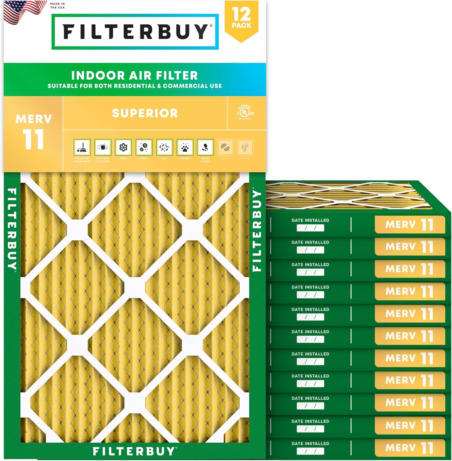 Filterbuy 15.5x31.5x1 Air Filter MERV 11 Superior Pet & Allergy Defense (12-Pack), Electrostatic Pleated HVAC AC Furnace Filters Replacement, Made in USA (Actual Size: 15.50 x 31.50 x 0.75)