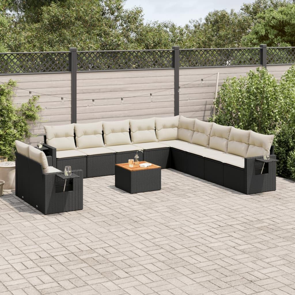 12 Piece Modular Garden Sofa Set Black PE Rattan with Cream Cushions, Weather Resistant Outdoor Furniture for Patio, Flexible Seating with Storage Compartment and Washable