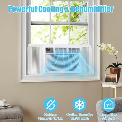 12000 BTU Window Air Conditioner 115V, Fastcooling for 550 Sq.Ft Room, Wi-Fi Enabled Remote Control, Reusable Filter, Perfect for APT, Living Room, Office, Kitchen
