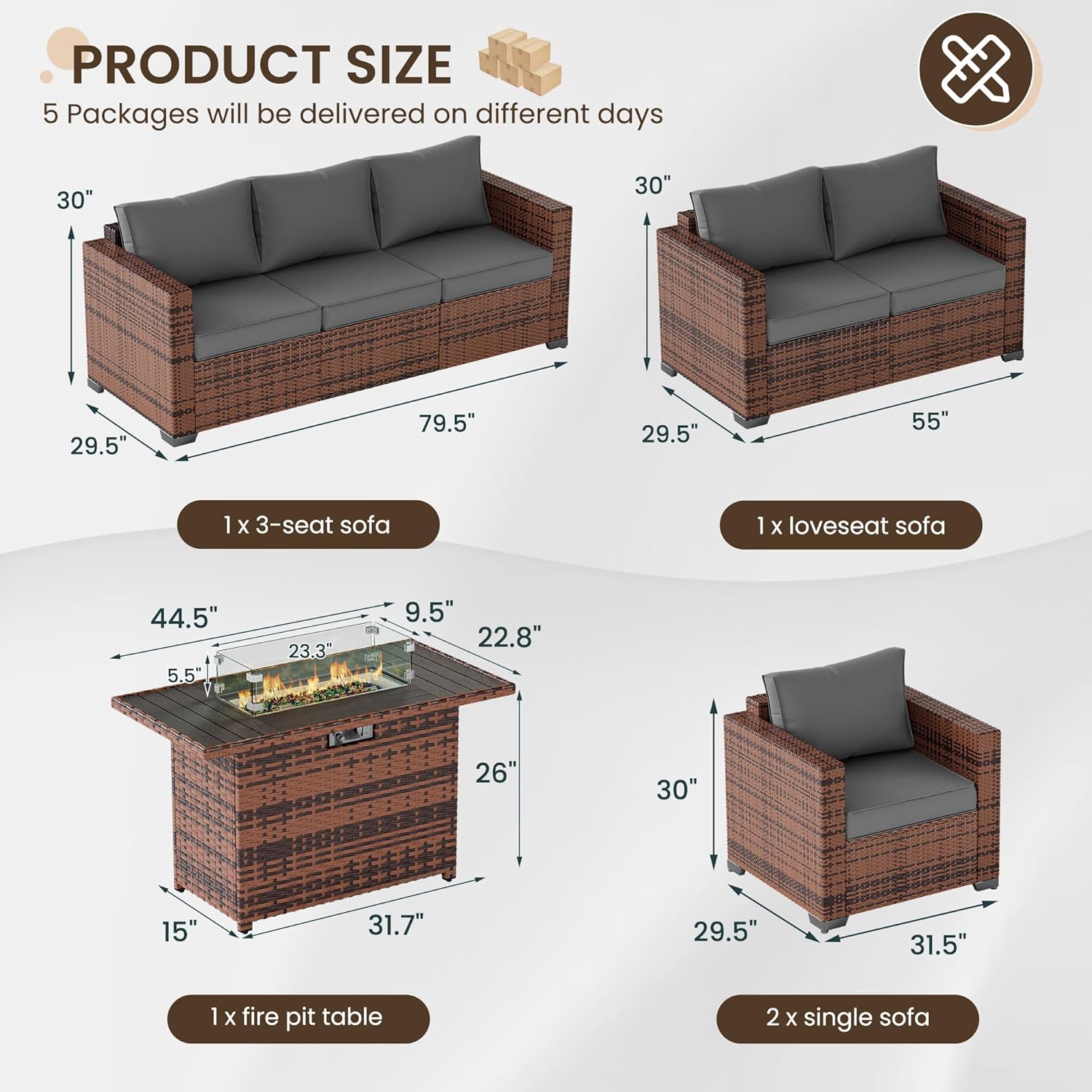 Patio Furniture Set with Fire Pit Table, 5 Pieces Outdoor Furniture Sets, Wicker Patio Conversation Sets w/Waterproof Covers for Backyard, Porch, Balcony, Poolside Dark Grey