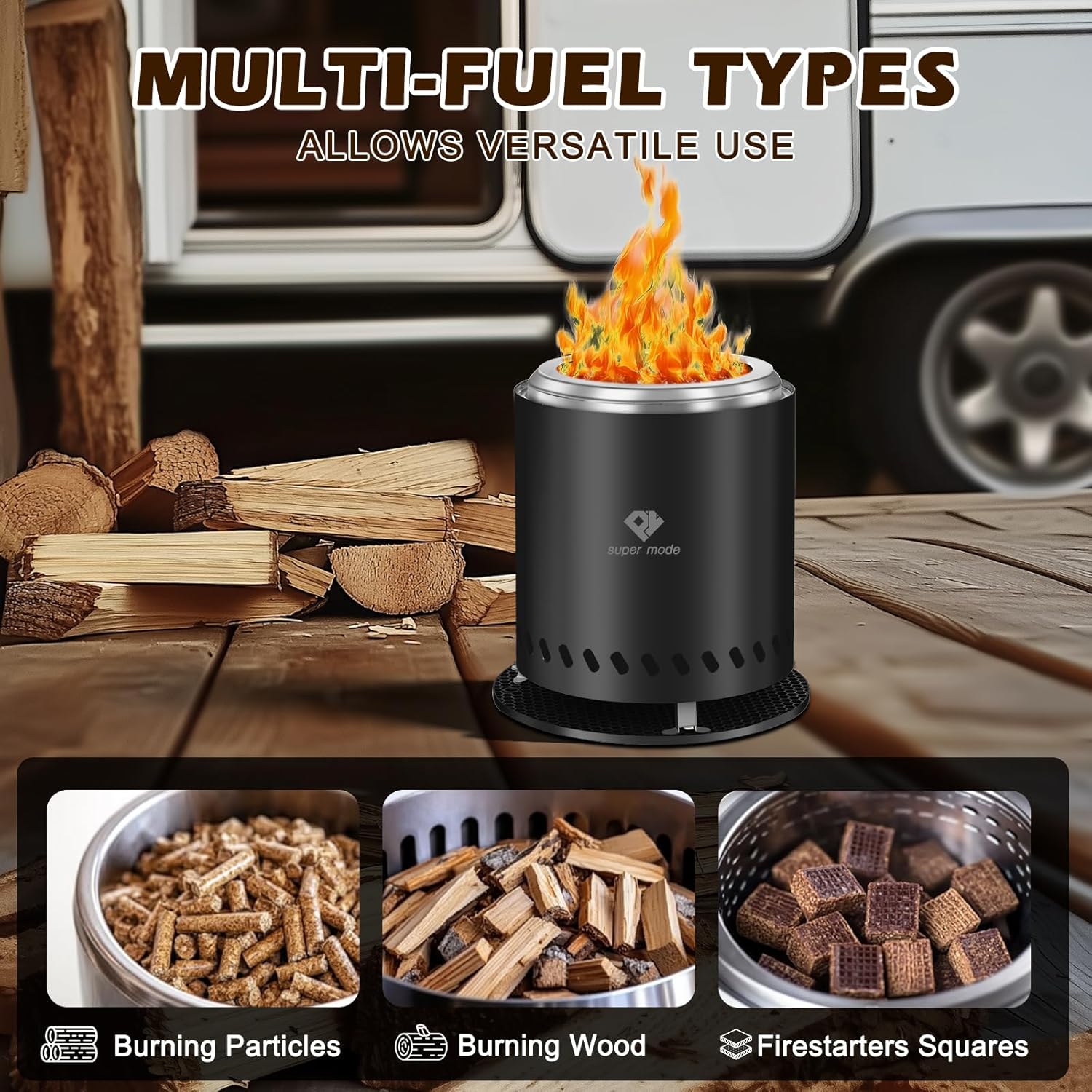 PY SUPER MODE Tabletop Fire Pit with Stand 10.2 x 8.7 in, Smokeless Firepit Camping Outdoor Table Top Firepit for Urban & Suburbs with Portable Travel Bag, Fueled by Pellets or Wood, Stainless Steel