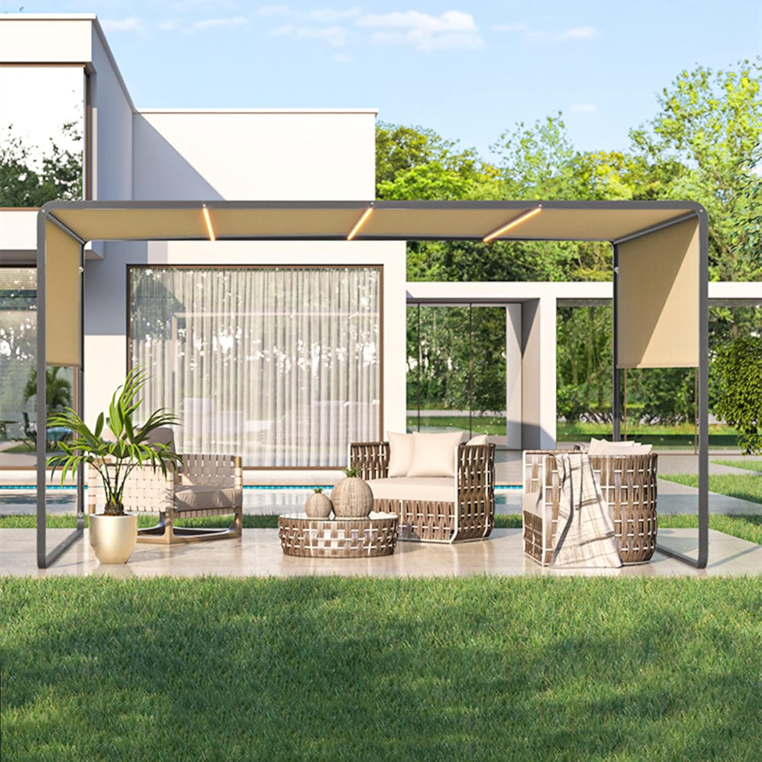 10ft x 10ft Outdoor Retractable Pergola with Led Light, Adjustable Side Shades Canopy, Aluminum Patio Pergola, Outdoor Grill Gazebo, for Porch Party, Garden