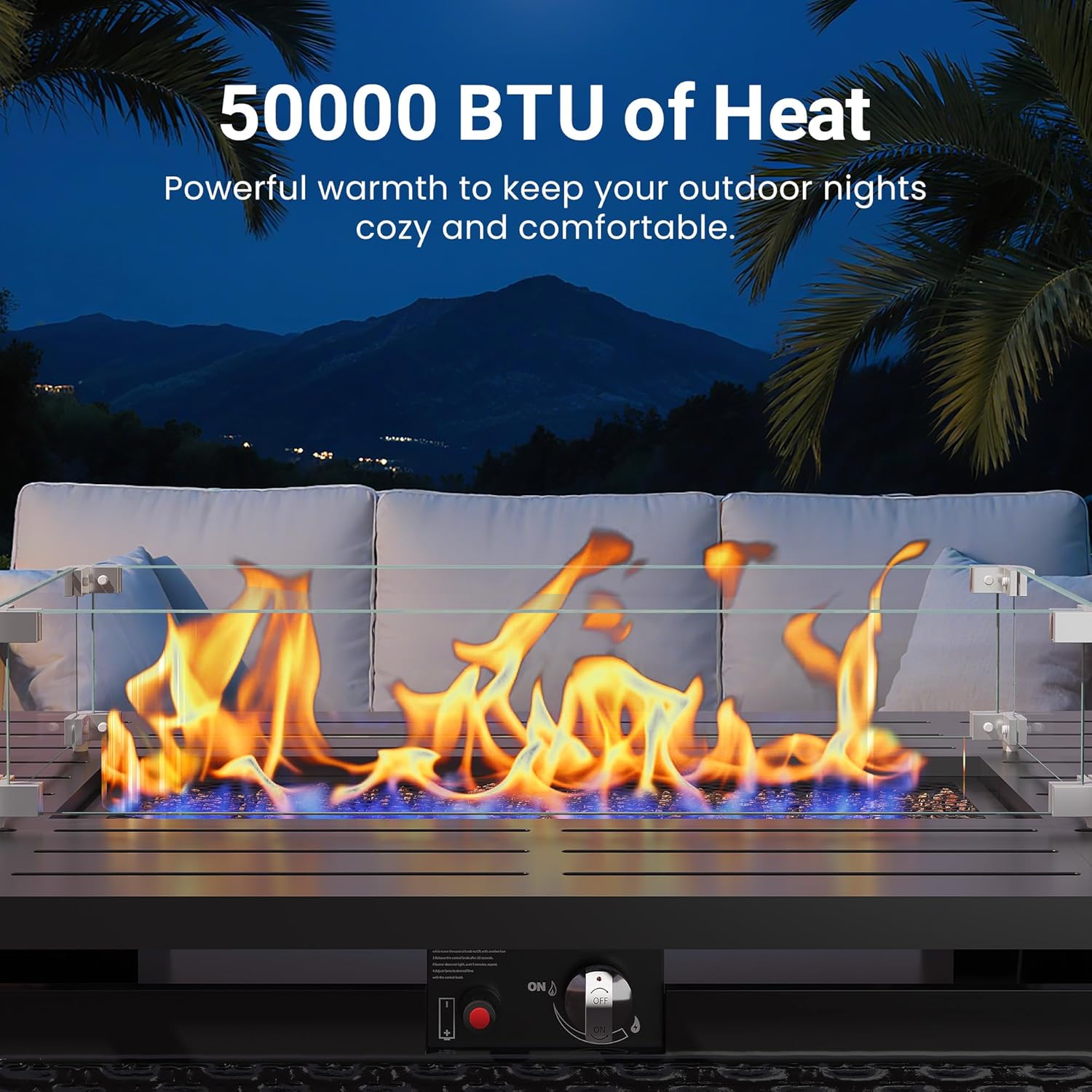 43” Outdoor Propane Fire Table Set with Heavy-Duty Glass Stones, Glass Wind Guard, Lid & Water-Resistant Cover, 50,000 BTU Metal Fire Pit Table, Rectangle Fire Pit Table for Patio, Deck