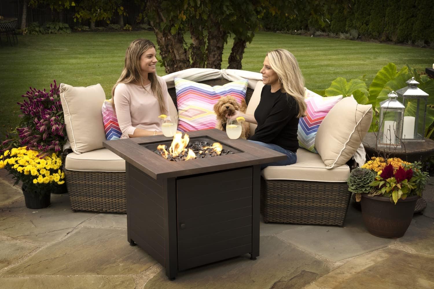 Endless Summer Bronze Finished Black Steel Base with Dark Wood Mantel Spencer LP Gas Outdoor Fire Pit, Comes with Black Fire Glass, Table Insert, and Protective Cover