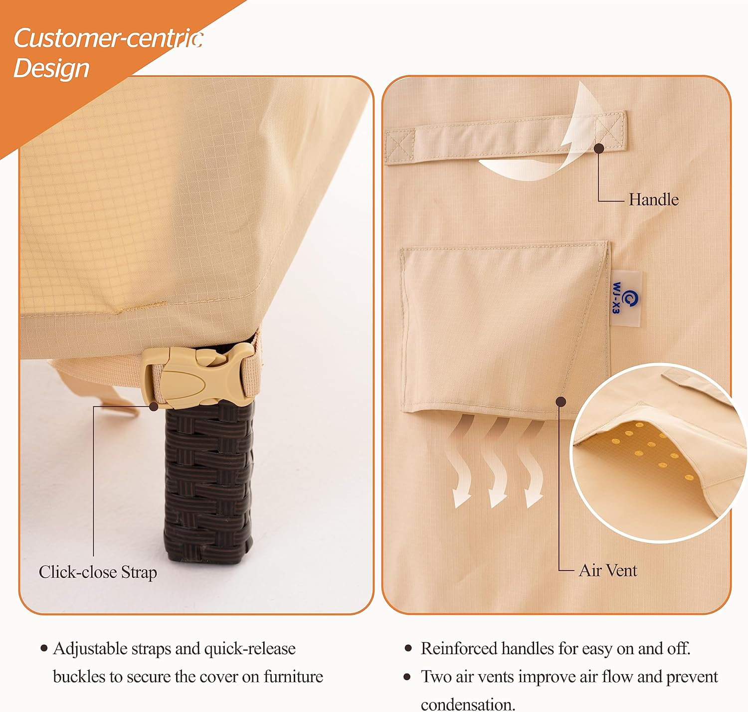 WJ-X3 Large Patio Furniture Cover Waterproof, Rectangular Outdoor Table Chair Set Cover UV Resistant, Heavy Duty Deck Dining Cover, High Wind Resistant, Anti-Fading 108W x 84D x 31H Inches, Beige