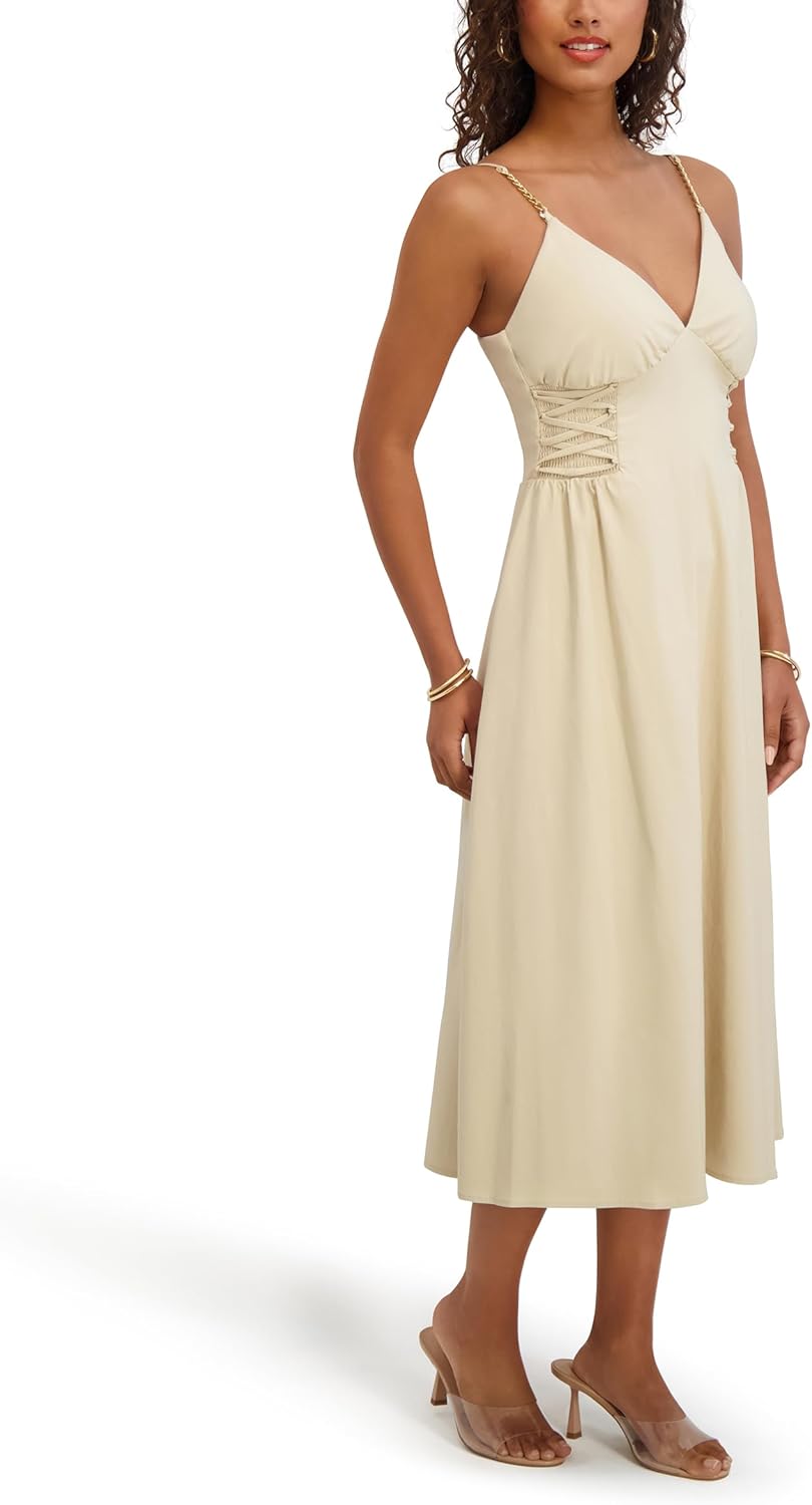 Siena Womens Sleeveless Triangle V-Neck Stretch Woven Midi Dress