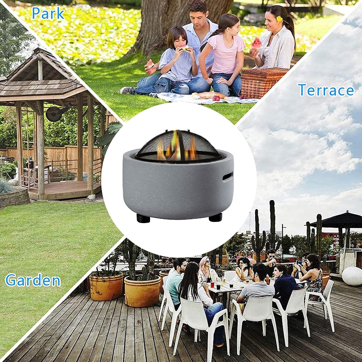 Fire Pit with BBQ Grill Shelf Outdoor Garden Patio Heater BBQ/Ice Pit with Waterproof Cover (3 in 1Fire Pit Table & Grill)