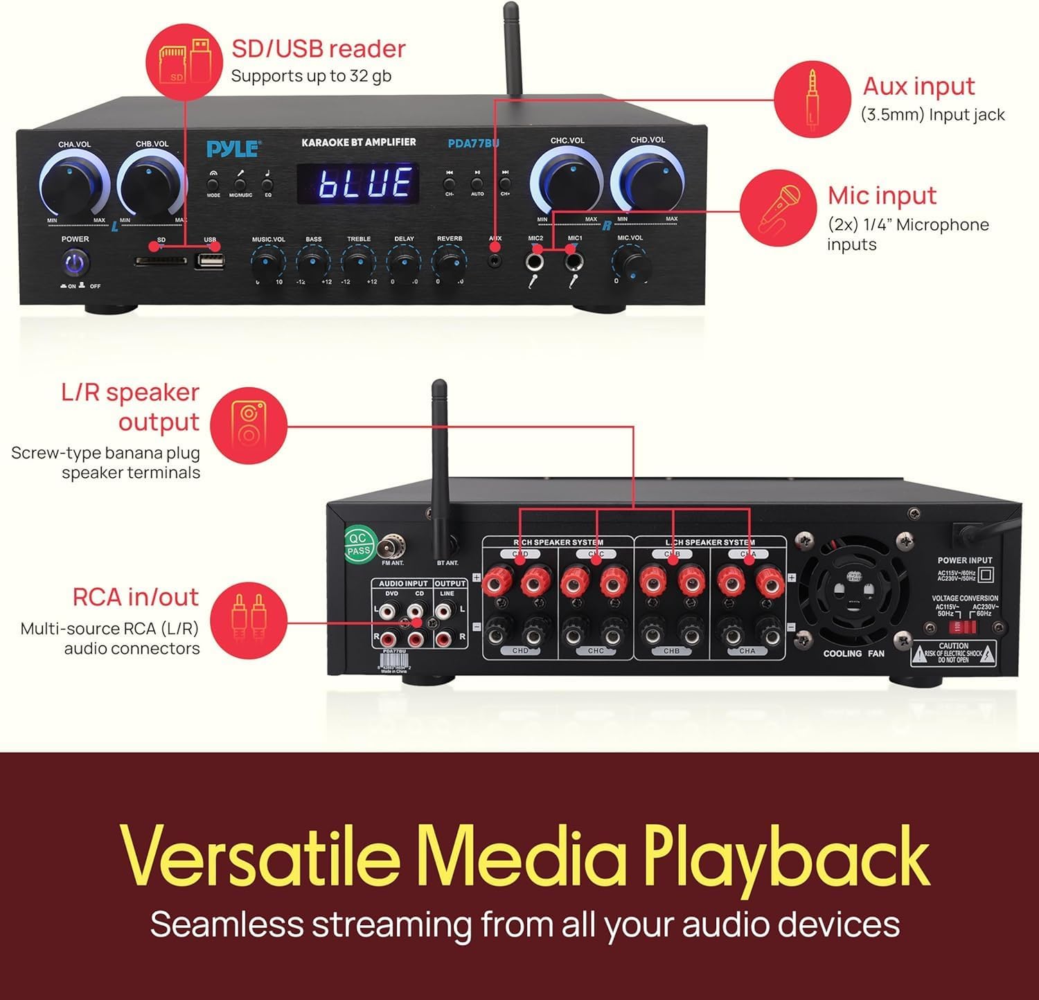 Pyle Bluetooth Home Stereo Amplifier Receiver - 4 Channel, 800 Watt Karaoke Sound System w/ MP3,USB,SD,AUX,RCA,FM,MIC, Headphone, Reverb + Delay, LED Vol, for Home, Studio, Theater Speakers - PDA77BU