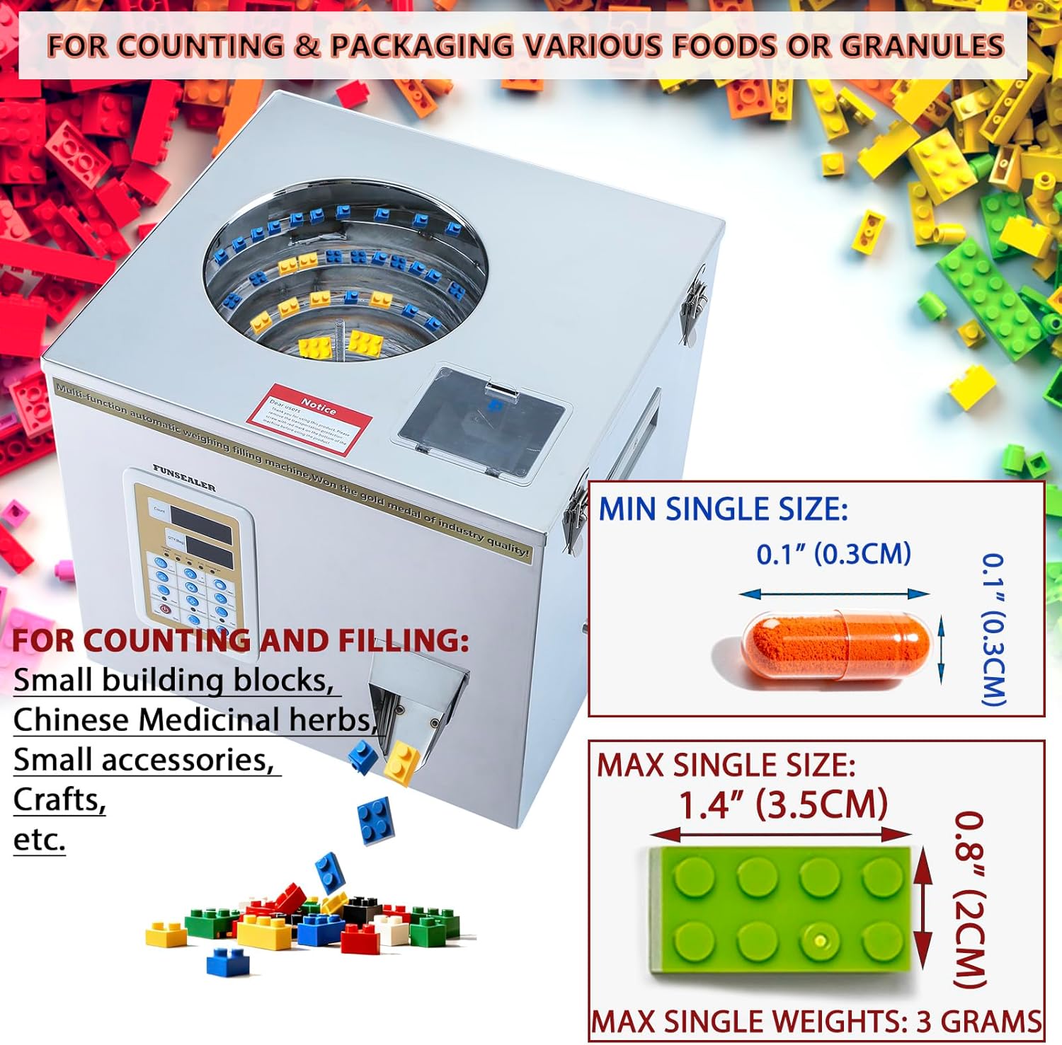 Counting Filling Machine, Digital Counter for Packing Buttons, Small Toys & Small Accessories (Max 99 Pcs), Food-Grade 304 Stainless Steel