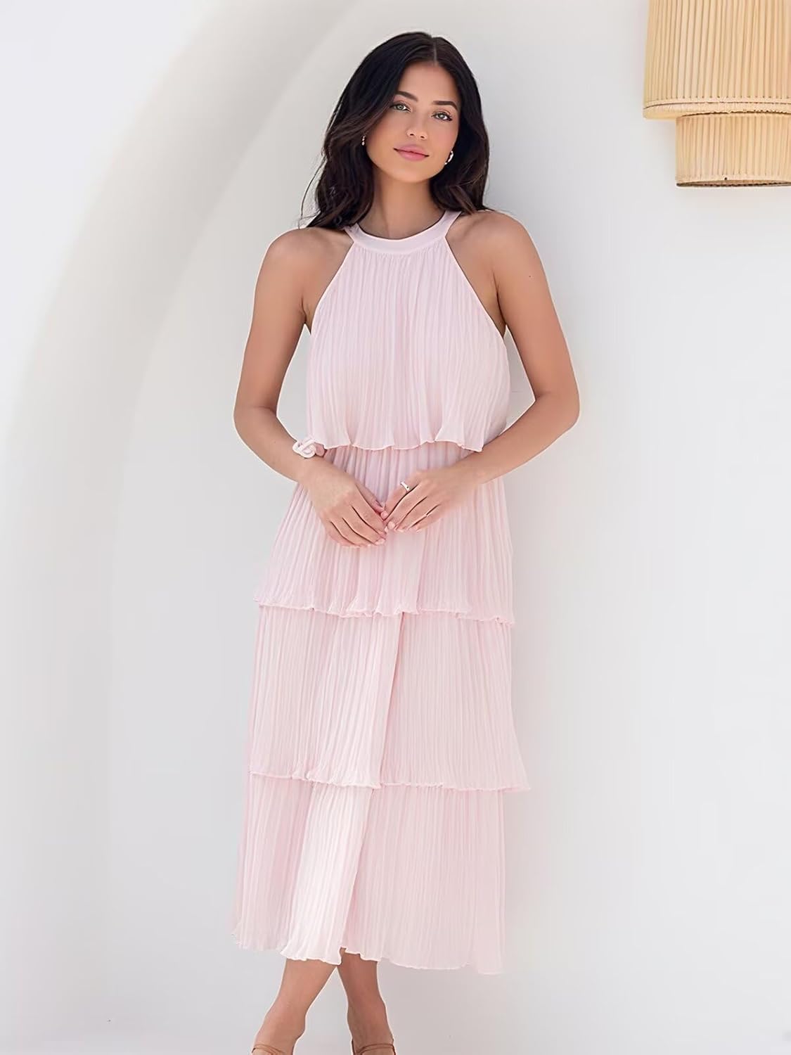 Women's Chiffon Bridesmaid Dresses Long Halter Neck Ruffle Formal Evening Dresses