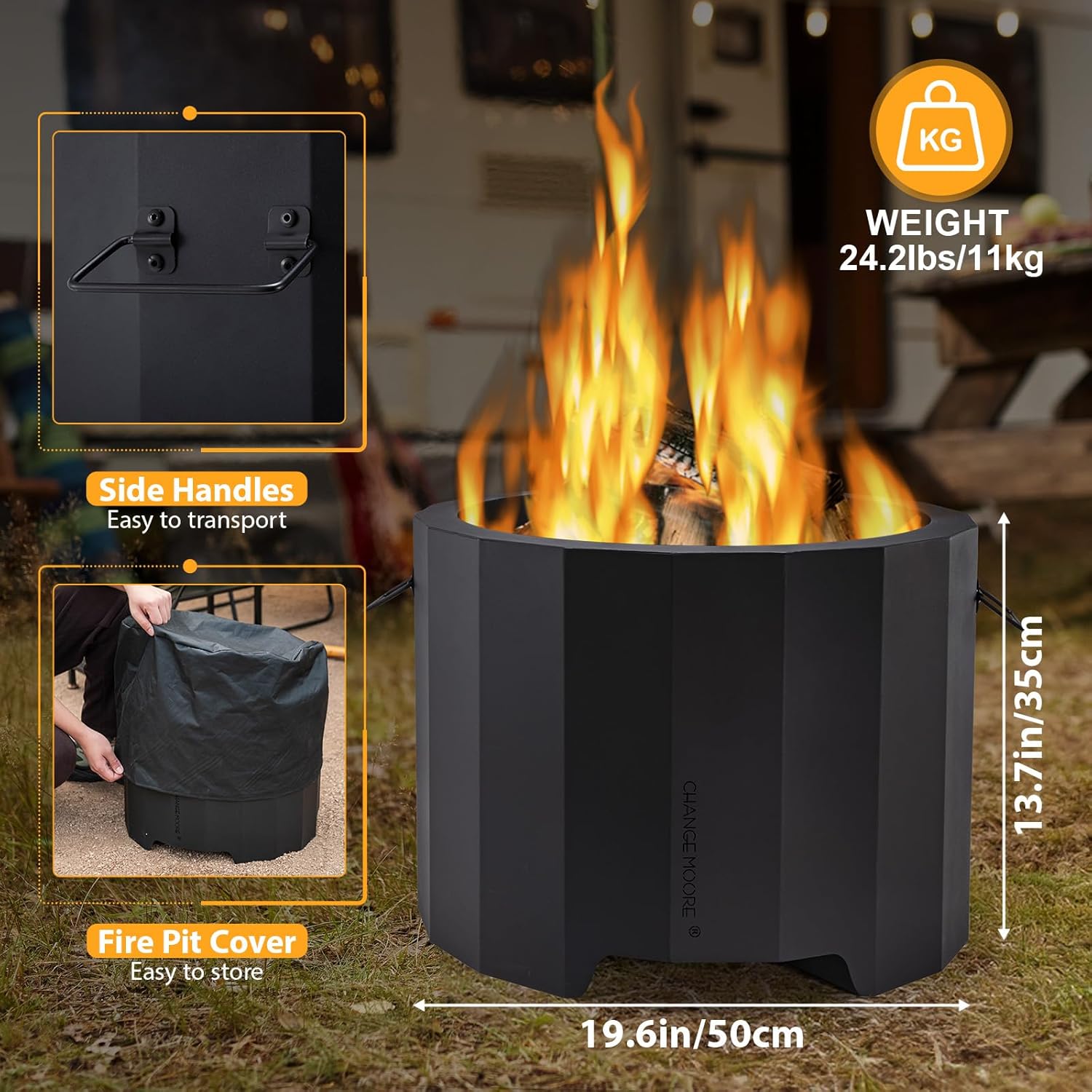 CHANGE MOORE Smokeless Fire Pit for BBQ, 19.6” Triple Burn Outdoor Firepit with Removable Ash Pan BBQ Grill Cover Fire Poker Set Side Handles, Fireplace Bonfire for Outside Backyard Garden Patio