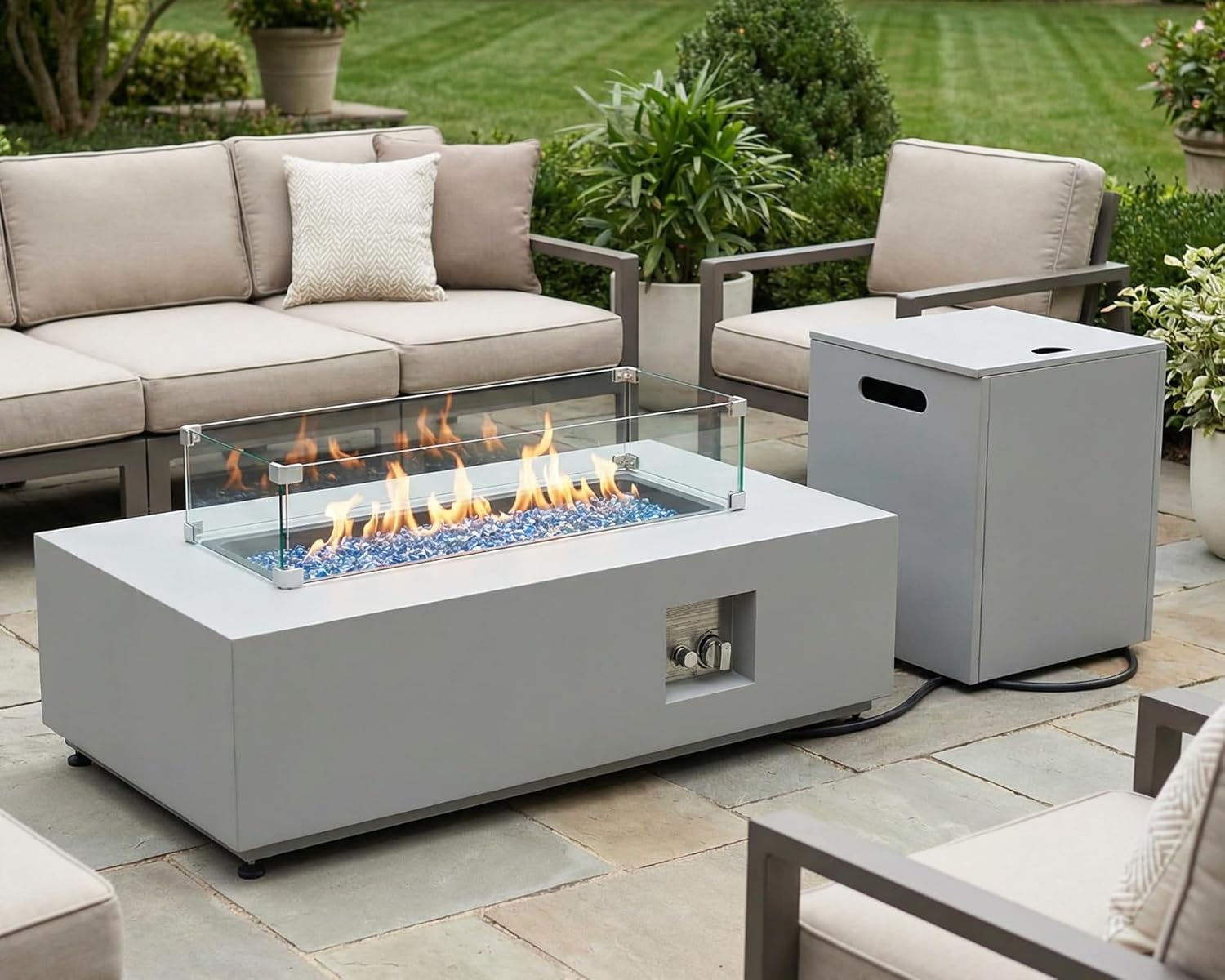 NICESOUL 42'' Rectangle Outdoor Gas/Propane Firepit Table, 50,000 BTU Low Profile Modern Fire Pit with Tank Storage & Windguard& Cover & Glass Rocks for Patio Outside, CSA Certified, Greyish White
