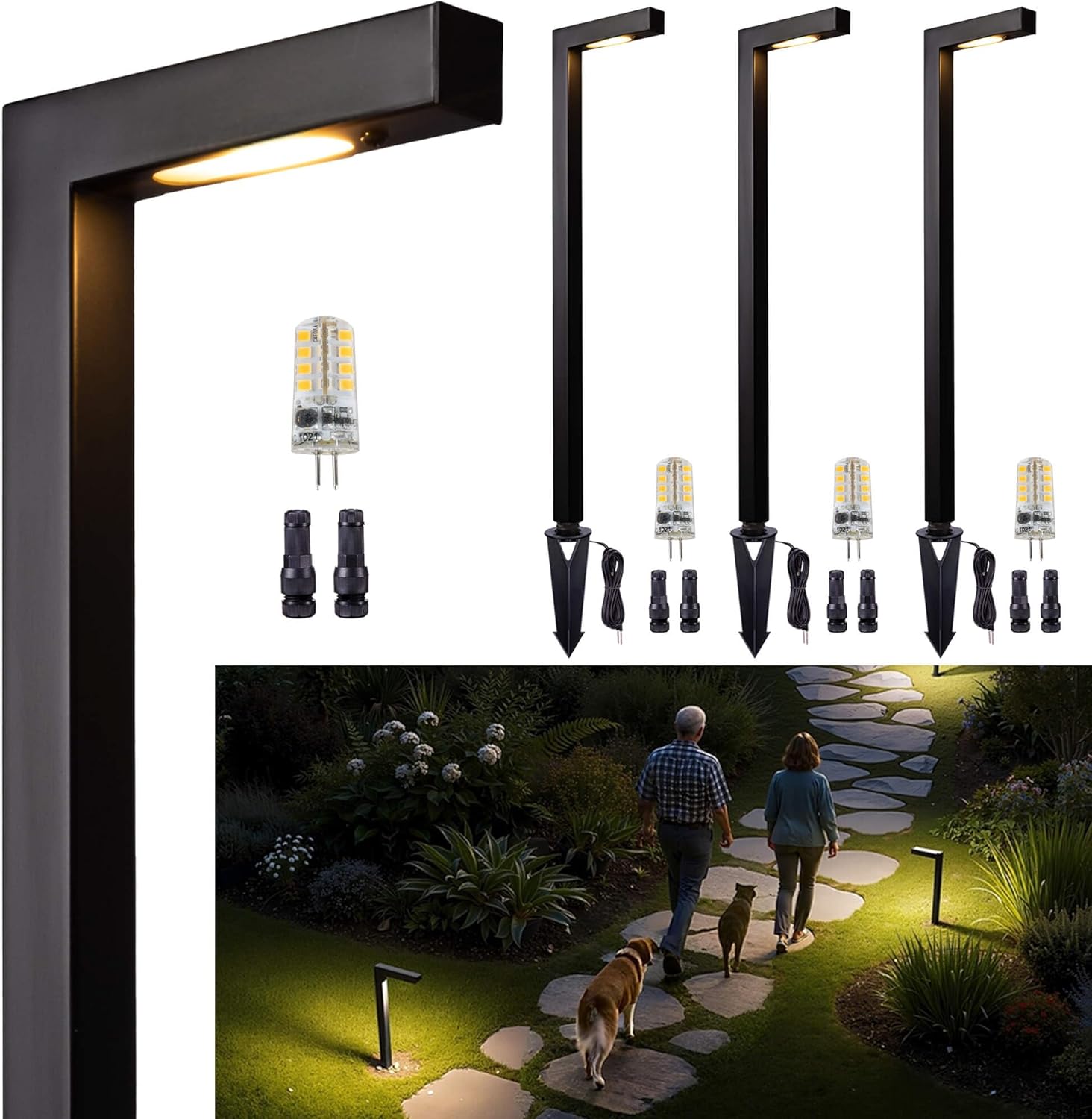 Gardenreet Brass Low Voltage Path Lights, 12V Landscaping Pathway Light IP65 Waterproof, Wired Walkway Lighting Outdoor, LED Black for Lawn Backyard with 3W 270LM 3000K Soft White G4 Bulb (4 Pack)