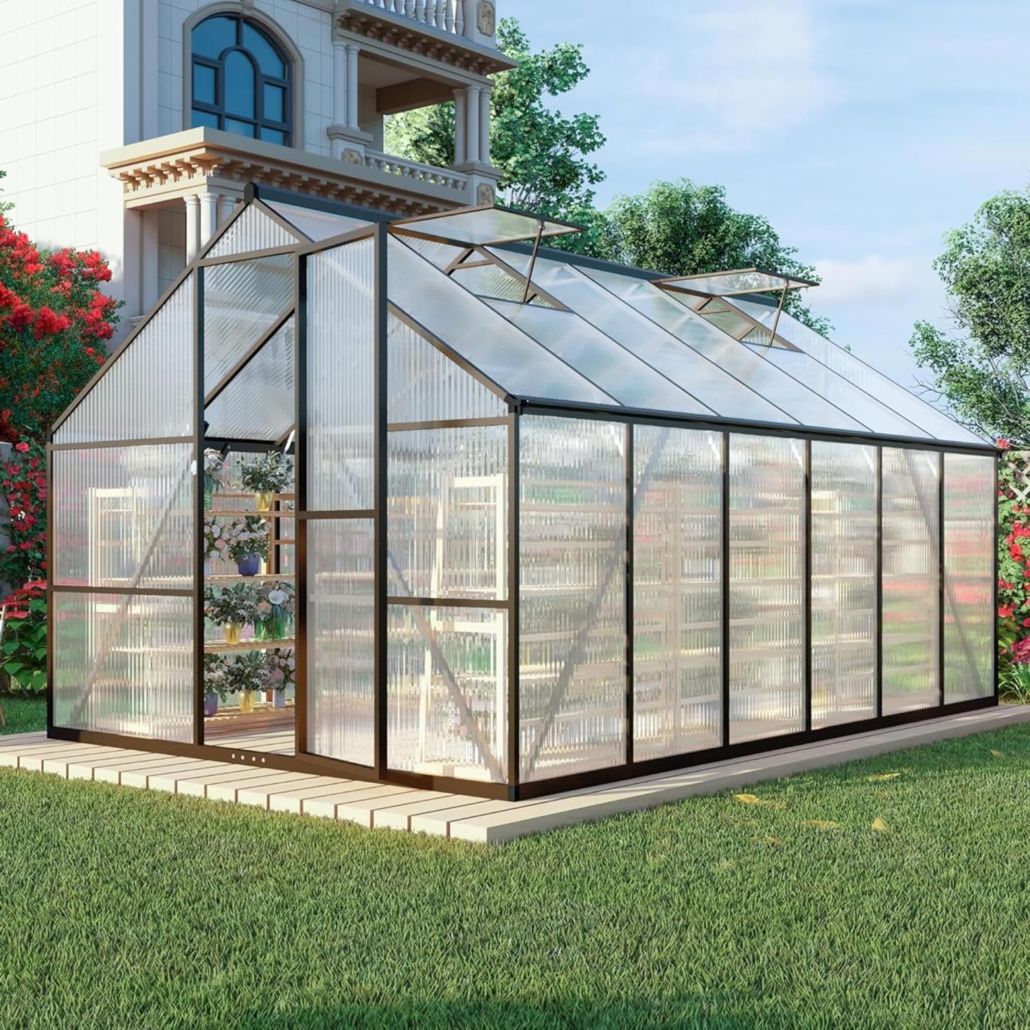 CQZY 8x12 FT Greenhouse for Outdoors, Polycarbonate Greenhouse with Quick Setup Structure and Roof Vent, Aluminum Large Walk-in Green House for Outside Garden Backyard, Dark Gray