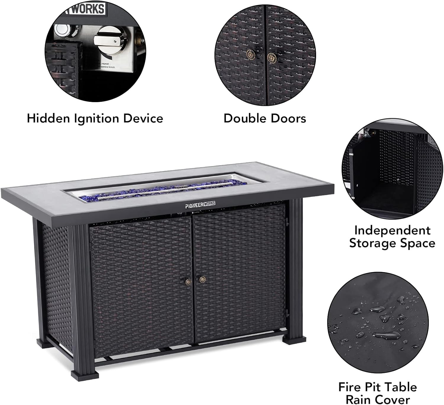 44 Inch Propane Fire Pit Table, PioneerWorks 50000BTU Rectangle Fire Table with Cover & Rain Cover, Sturdy Steel and Iron Fence Surface, CSA Safety Certified, Companion for Your Garden (Double Door)