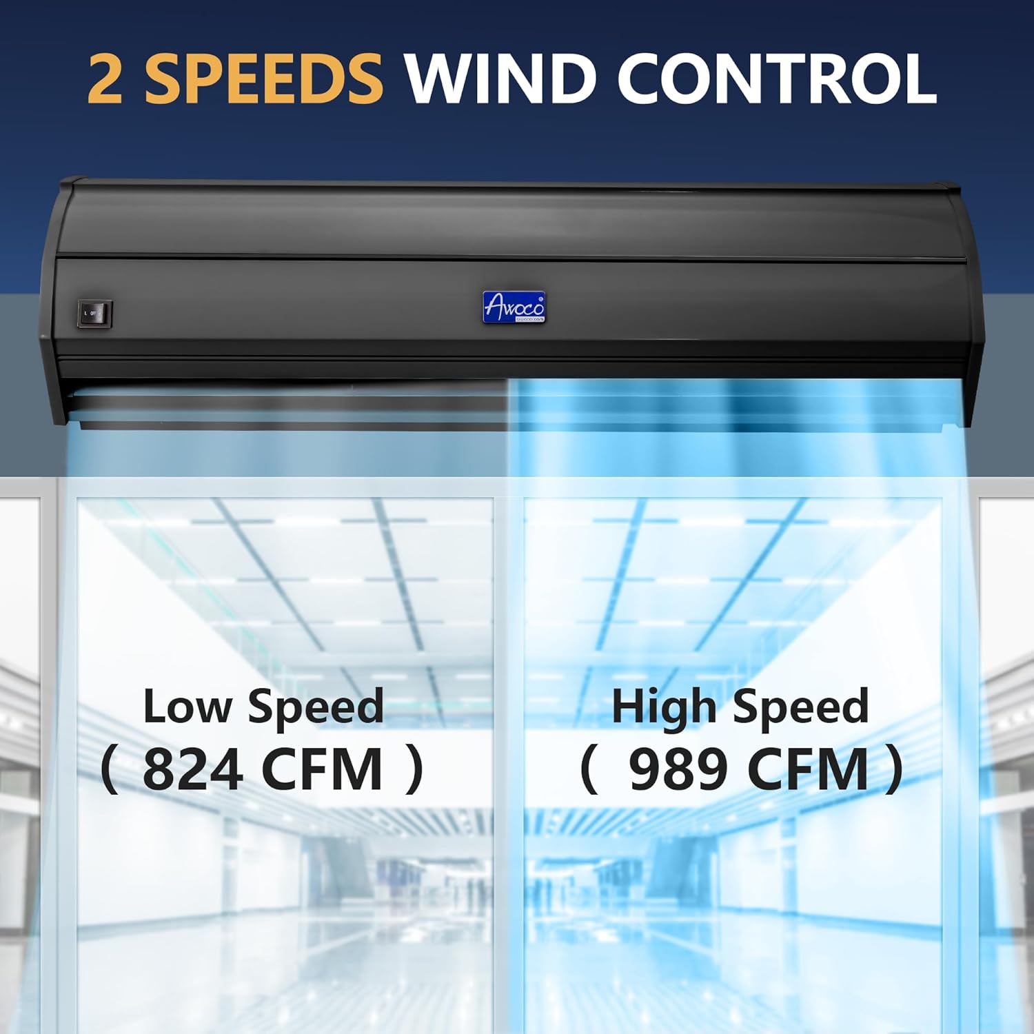 Awoco 42” Black Elegant 2 Speeds 1000 CFM Indoor Air Curtain, UL Certified, 120V Unheated with an Easy-Install Magnetic Door Switch