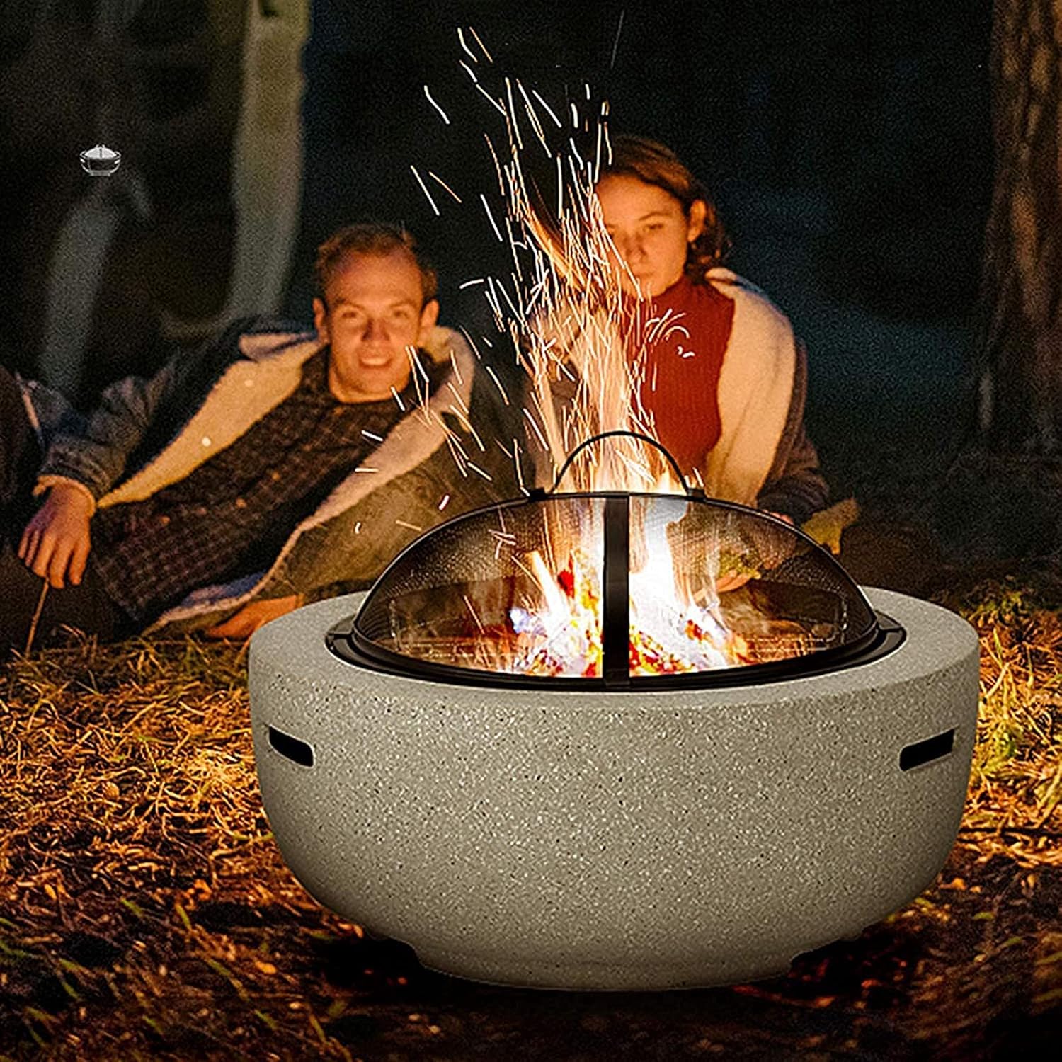 Fire Pit Outdoor Barbecue Grill,Fire Pit with BBQ Grill Shelf, Garden Patio Heater Charcoal Log Wood Burner Fire Bowl with an Edging of Artificial