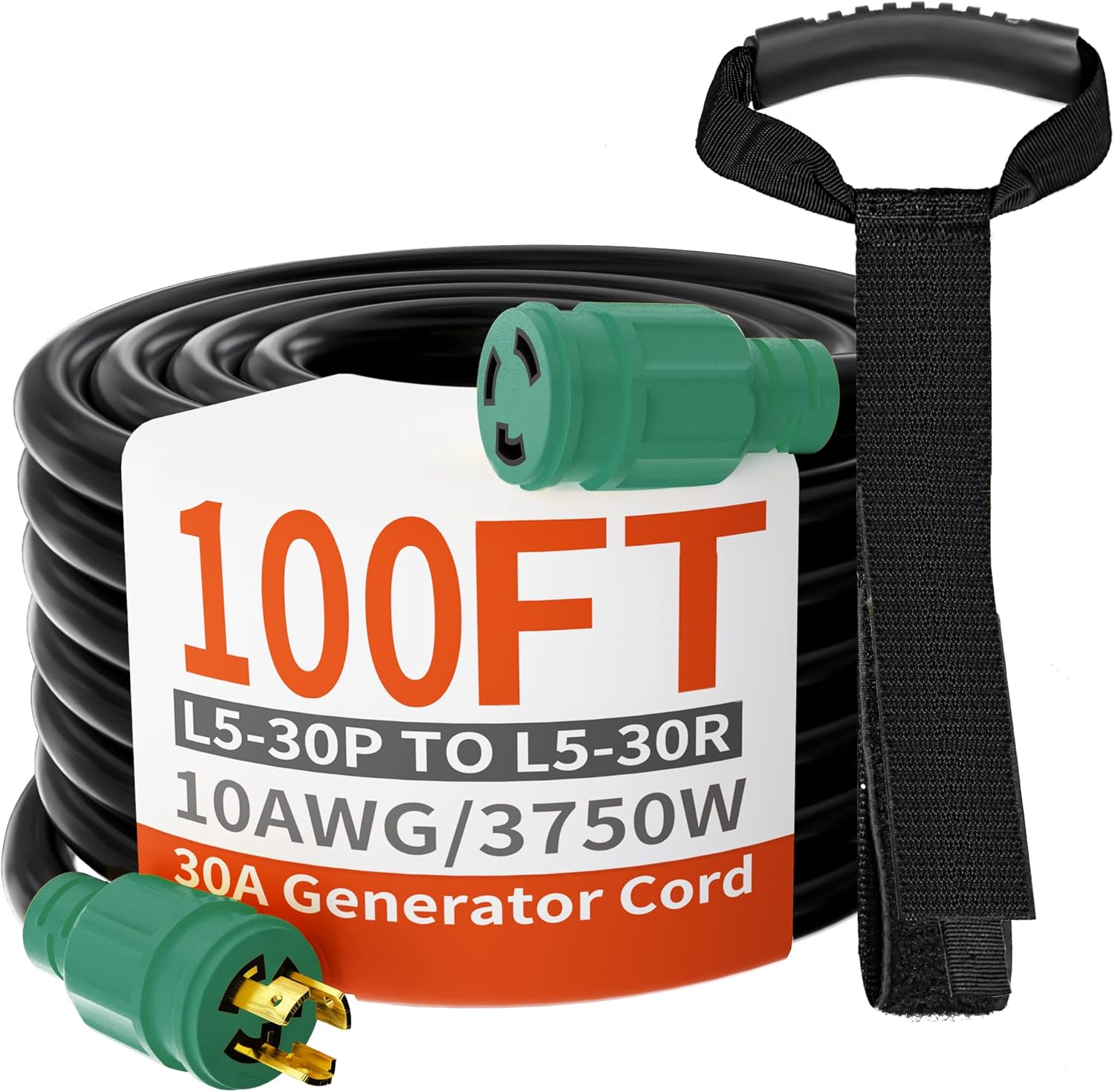 huanchain 3 Prong 30 Amp Generator Cord 100 Feet Heavy Duty,NEMA L5-30P/L5-30R 10 Gauge 125V SJTW Green Lock Generator Extension Cord Waterproof, ETL Listed