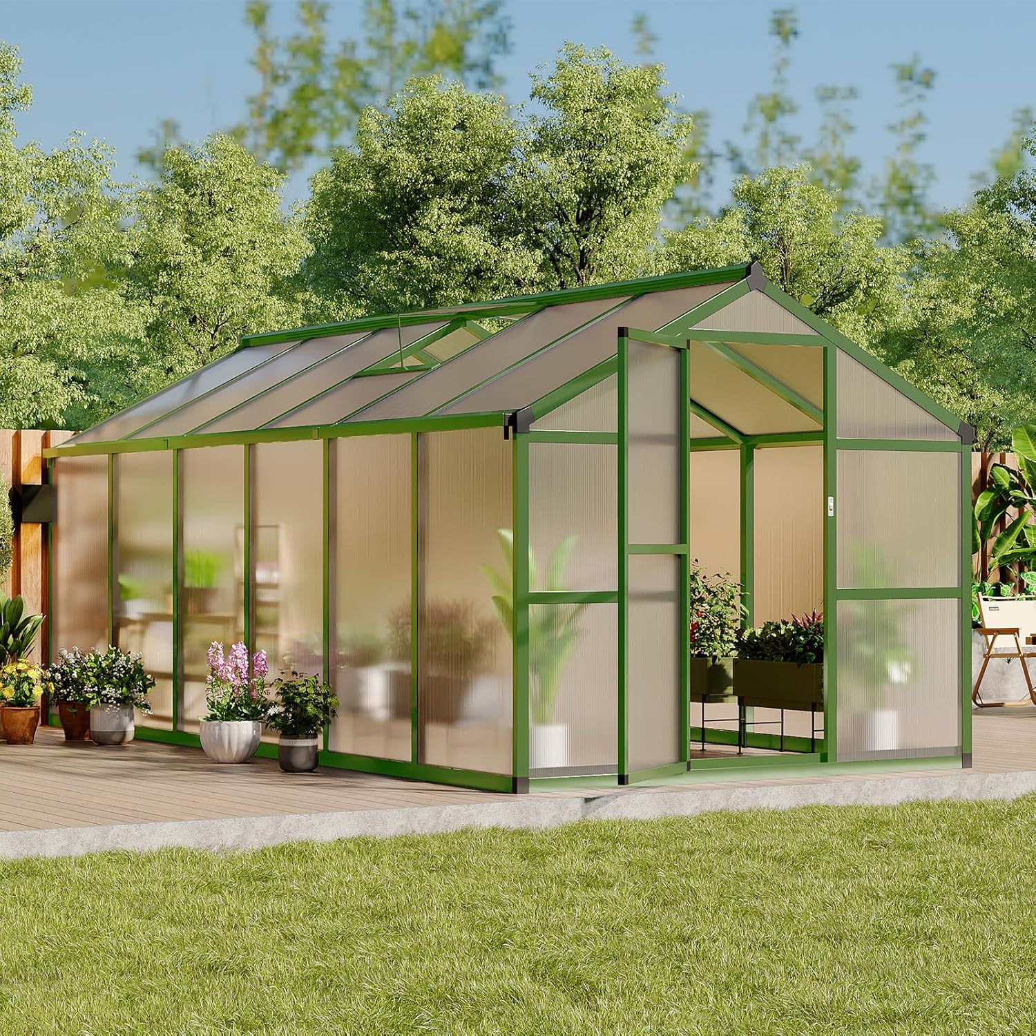 8X12 FT Greenhouse, Greenhouses for Outside, Aluminum Frame Polycarbonate Panels with Sliding Lockable Door and Ajustable Roof Vent, Spacious Walk-in Design for Backyard, Garden, Patio, Green