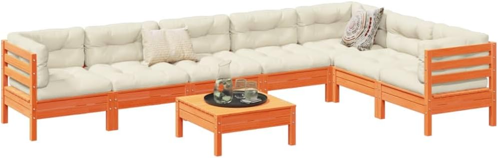8-Piece Garden Sofa Set, Wax Brown Solid Pine Wood Outdoor Patio Furniture Set, Modular Design with Cream Cushions, Durable for Backyard, Terrace